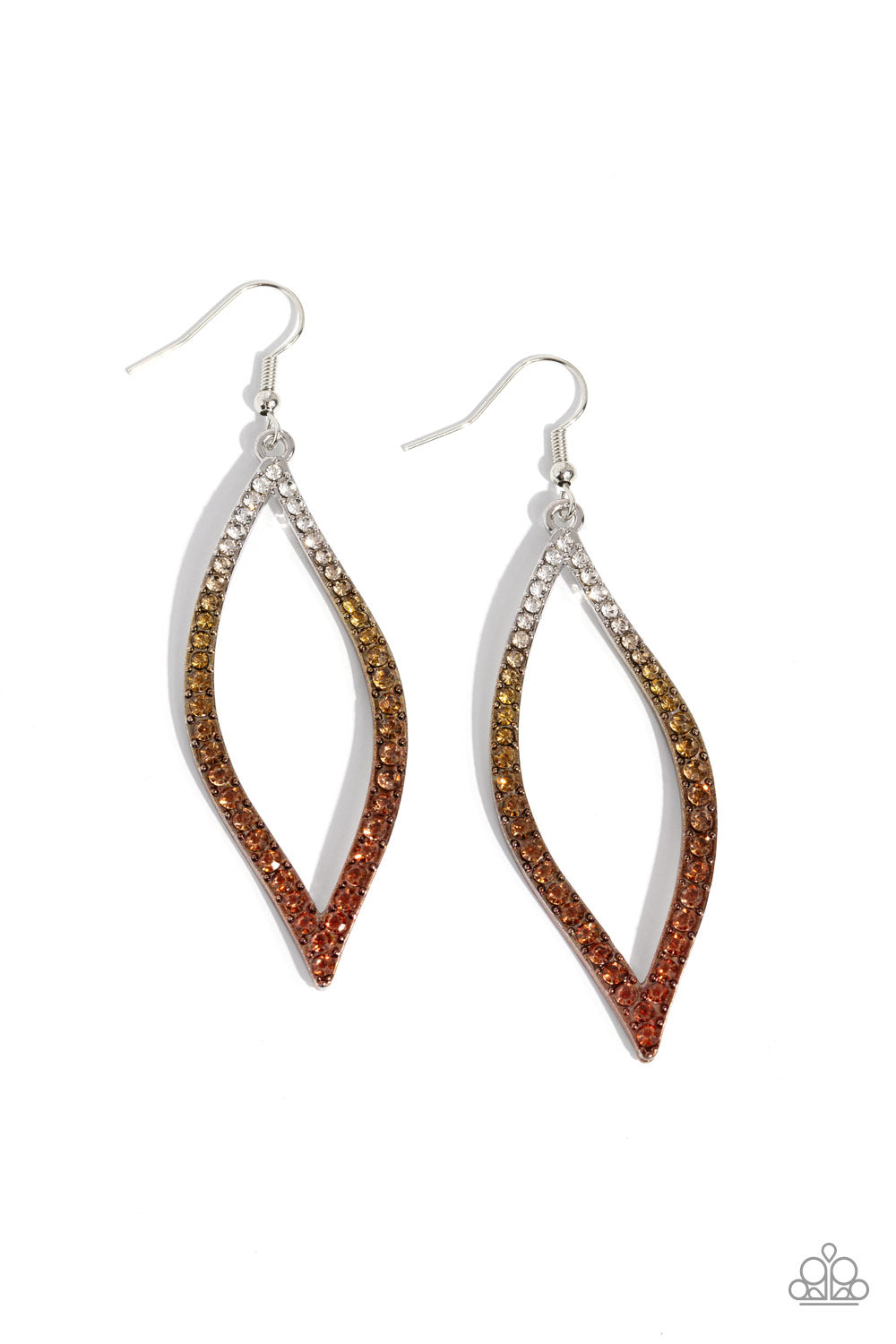 Admirable Asymmetry - Multi Color Ombre Earrings - Paparazzi Accessories - A glistening asymmetrical silver leaf-like frame is encrusted in glassy white rhinestones that gradually fade from brass to copper, creating a colorful ombre effect for a statement-making look.