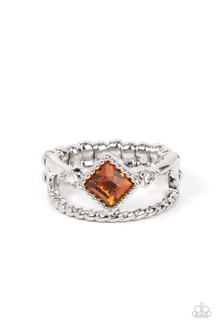 Angling for Attention - Brown Topaz and Silver Ring - Paparazzi Accessories - Enhanced with a twisted silver band, a topaz square cut gem tilts between two dainty white rhinestones atop a plain silver band for a prismatically layered look. Features a dainty stretchy band for a flexible fit. Sold as one individual ring.