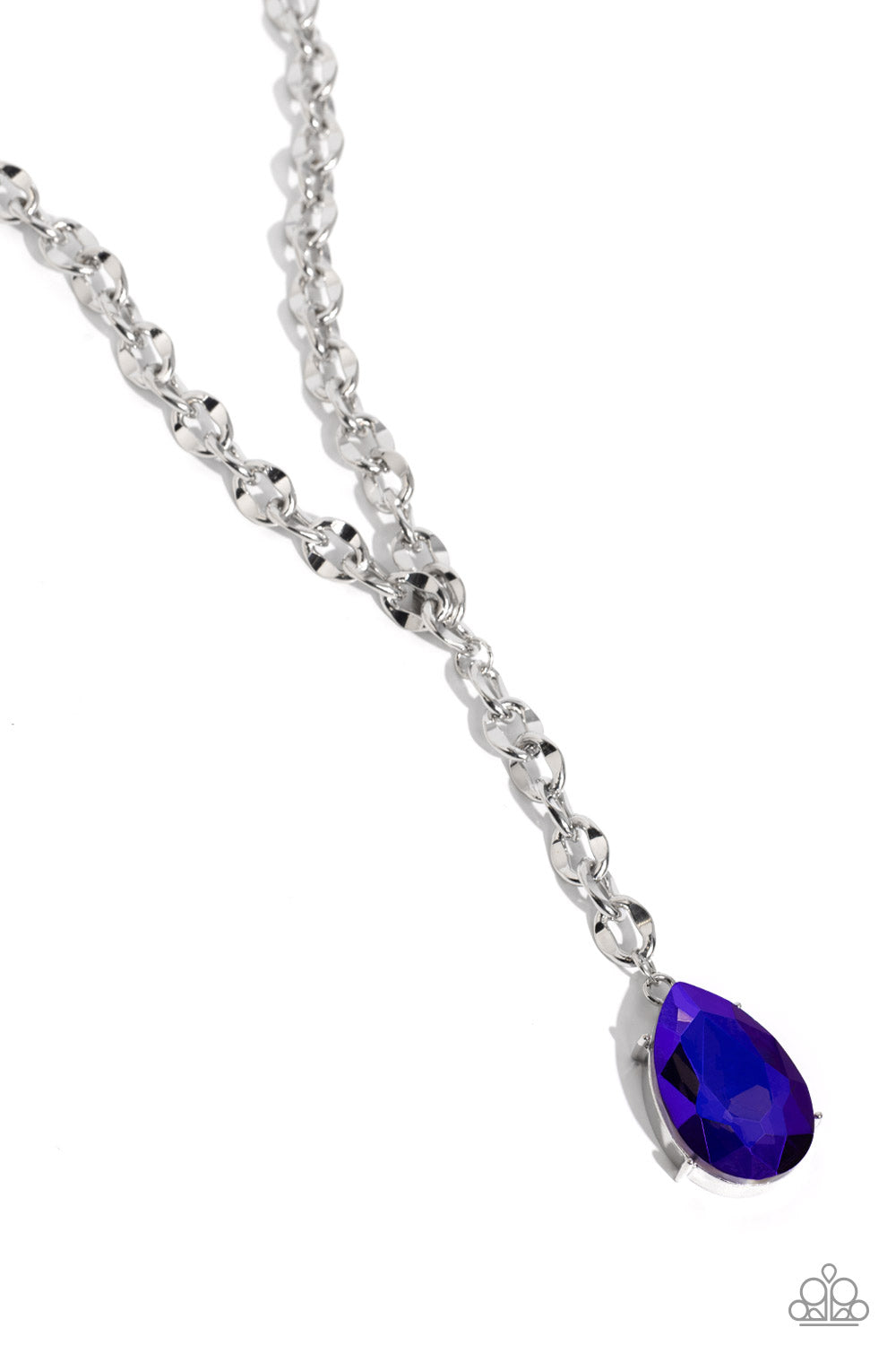 Benevolent Bling - Purple Gem Necklace - Paparazzi Accessories - Set in an elevated silver-pronged frame, a faceted purple UV teardrop gem cascades from an oblong, abstract silver ring chain that extends past the collar for a blinding statement.