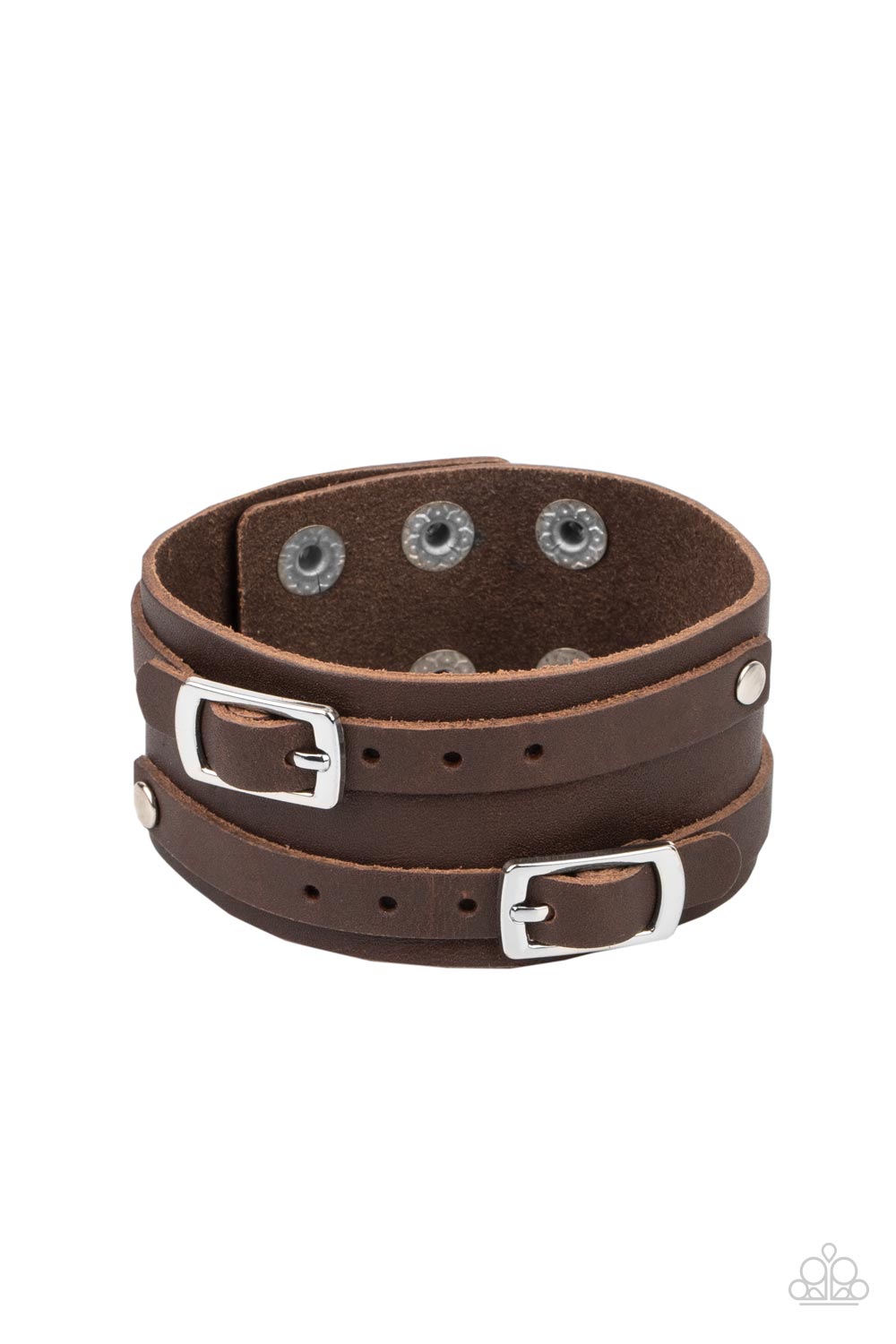 Bronco Bustin Buckles - Brown Urban Bracelet - Paparazzi Accessories - A pair of brown leather buckles are buckled in place across the front of a rustic brown leather band for a seasonal look. Features an adjustable snap closure. Sold as one individual bracelet.