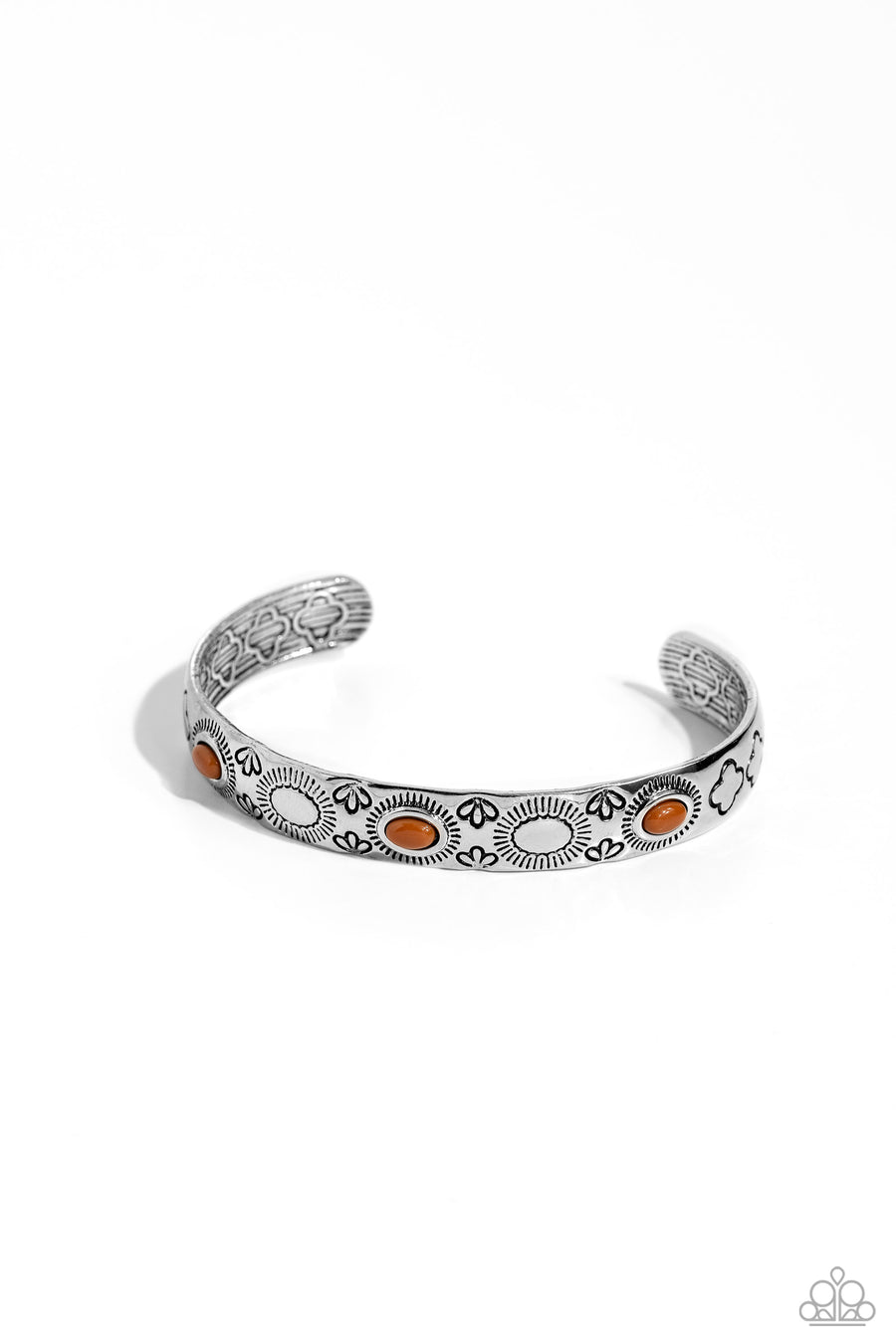 Cactus Canopy - Brown Bracelet - Paparazzi Accessories - A trio of oval Adobe beads are pressed into the centers of shimmery sunbursts stamped across the front of a dainty silver cuff radiating with desert patterns, creating an earthy pop of color around the wrist. Sold as one individual bracelet.
