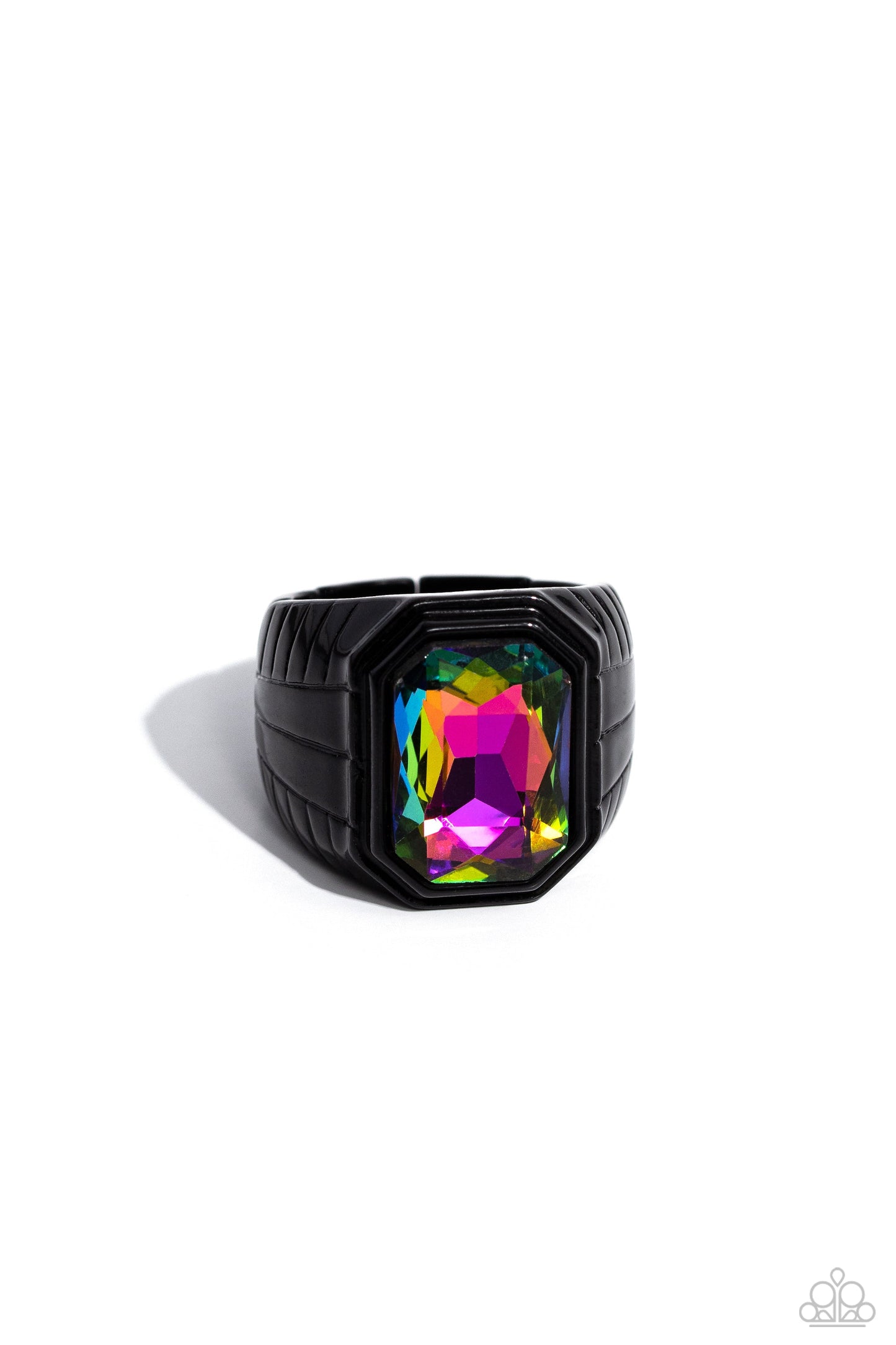 Cavalier Claim - Multi Color Urban Ring - Paparazzi Accessories - Featuring a regal emerald style cut, a glittery oil spill gem is pressed into a sleek black frame featuring a thick black band embossed in bold textures. Features a stretchy band for a flexible fit. Sold as one individual ring.