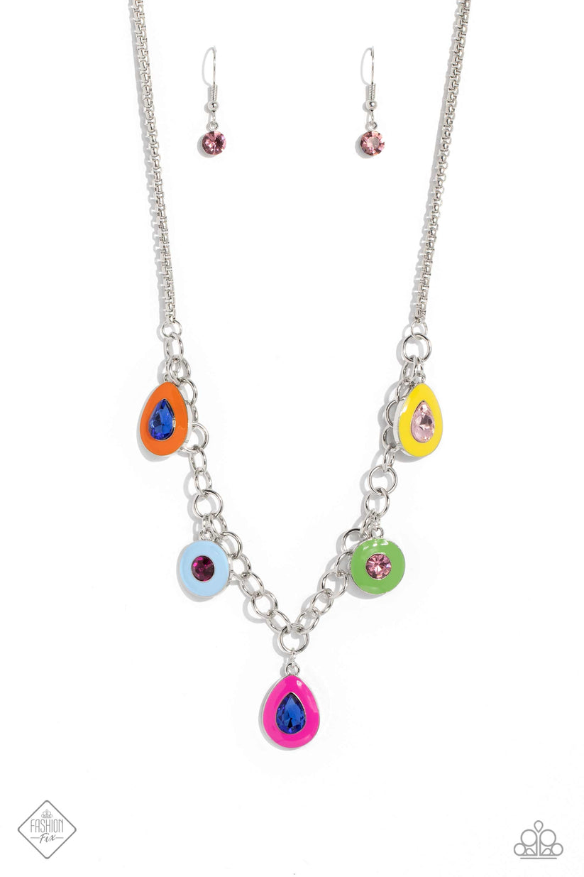 Colorblock Craze - Multi Color Necklace - Paparazzi Accessories - Shiny silver links, a collection of teardrop and round multicolored gems, bordered by Orange Tiger, Summer Song, Fuchsia Fedora, Classic Green, and Samoan Sun frames, swing below the collar. Attached to the silver links, a dainty silver box chain wraps around the neckline, further emphasizing the colorful collision of paint and gems.