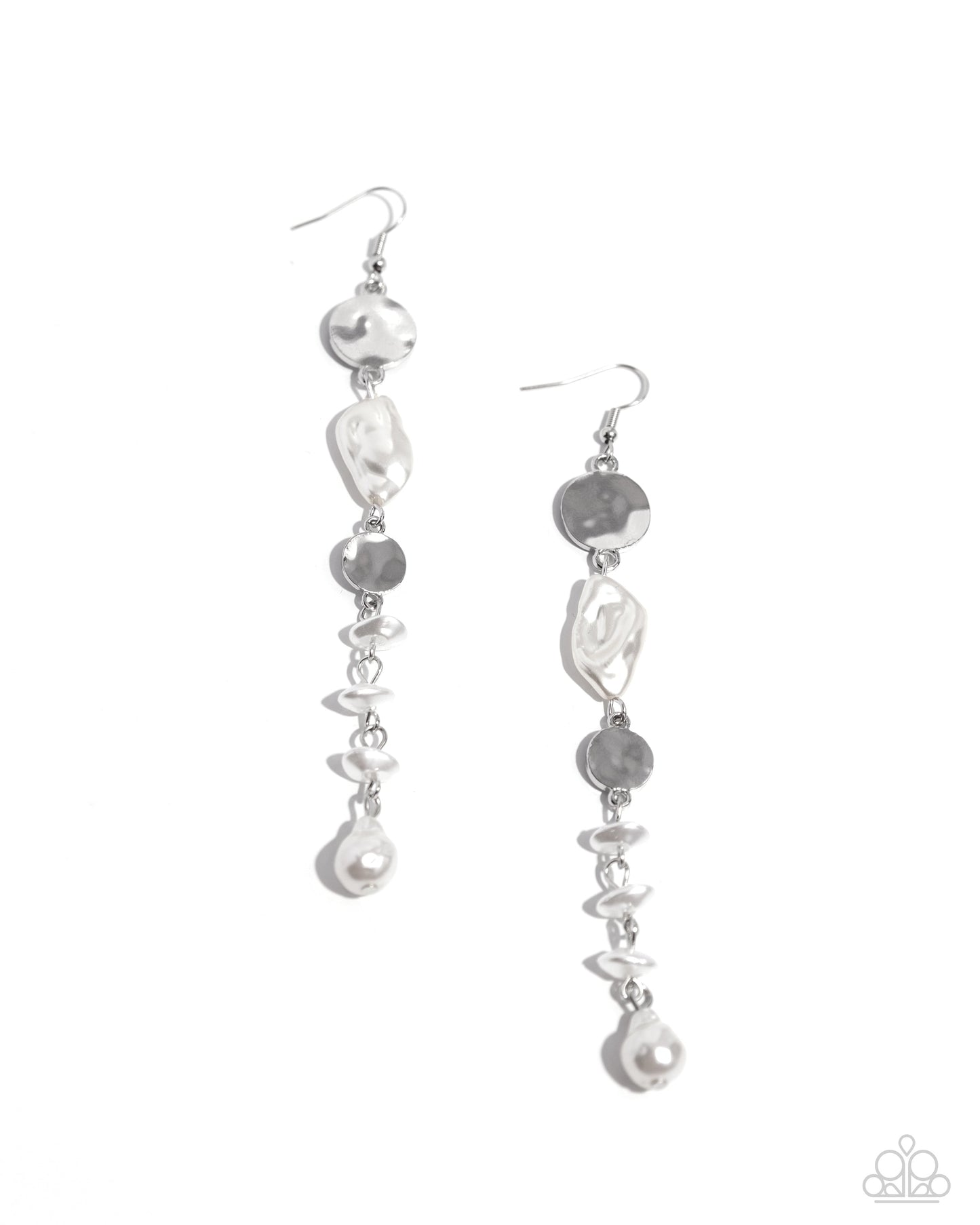 Cosmopolitan Chic - White and Silver Earrings - Paparazzi Accessories - Infused along a classic chain, hammered silver discs, pearl beads, and baroque white pearls create an extended, refined lure. Earring attaches to a standard fishhook fitting. Sold as one pair of earrings.