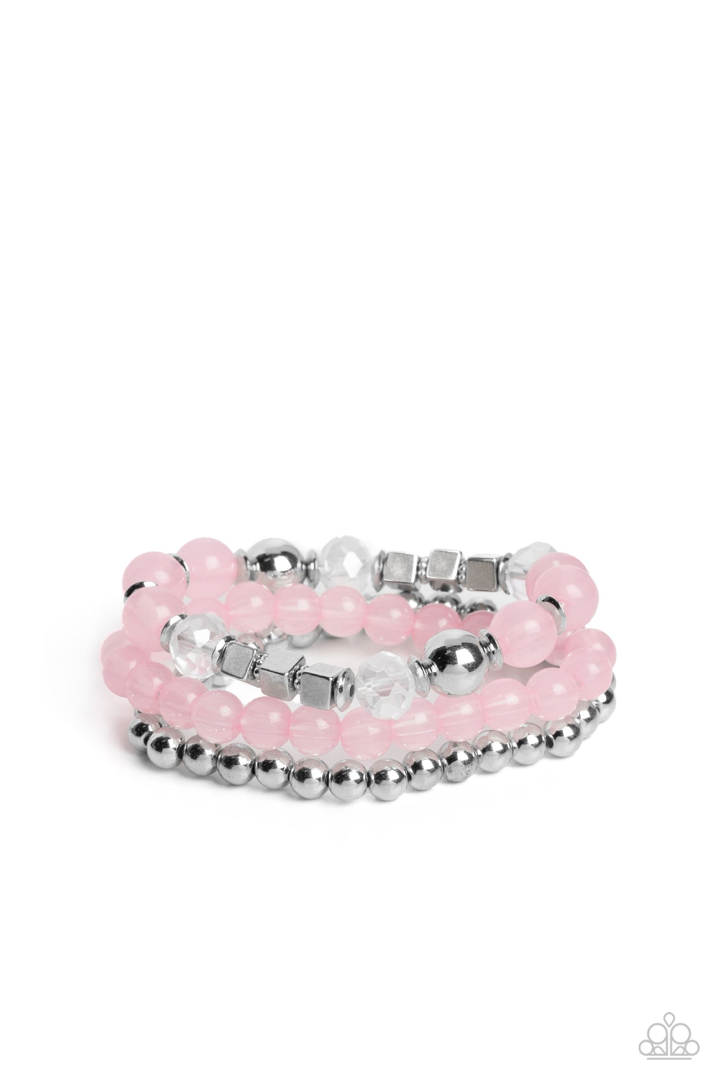 CUBE Your Enthusiasm - Pink and Silver Bracelet - Paparazzi Accessories - Varying in shape and size, shiny silver beads, silver cube beads, silver accents, baby pink opaque beads, and reflective crystal-like beads are threaded along elastic stretchy bands, creating colorful layers across the wrist. Sold as one set of three bracelets.