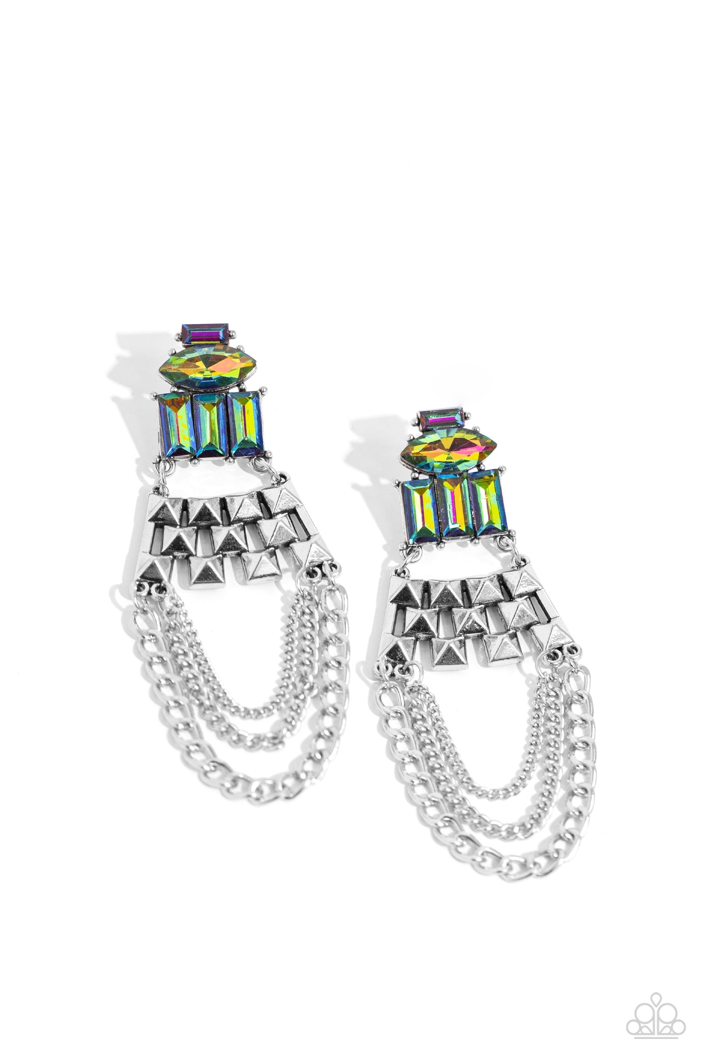 Dangling Art Deco - Multi Color - Oil Spill Earrings - Paparazzi Accessories - Featuring silver pronged fittings, a collection of emerald-cut and marquise-cut oil spill beads layer atop one another, connecting to a haphazard pattern of silver squares that come to a point. Mismatched silver chains swing from the bottom of the spiked silver fittings, creating an edgy art-deco-inspired chandelier.