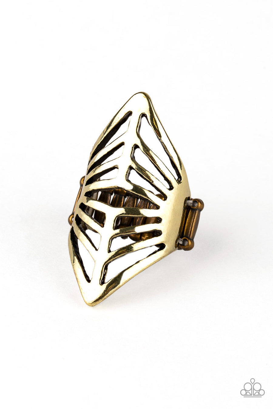Deco Defender - Brass Ring - Paparazzi Accessories - Glistening brass bars arc across the finger, coalescing into a bold centerpiece. Features a stretchy band for a flexible fit. Sold as one individual ring.