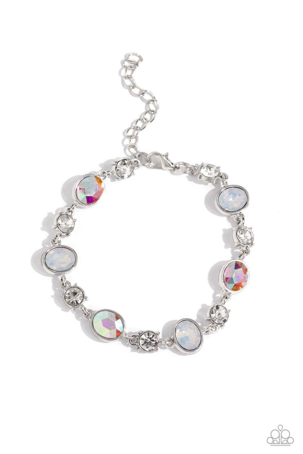 Ethereal Empathy - White Gem Bracelet - Paparazzi Accessories - Featuring pronged silver fittings, white solitaire rhinestones alternate with oval opalescent and iridescent gems, linking around the wrist for a timeless, dreamy finish.