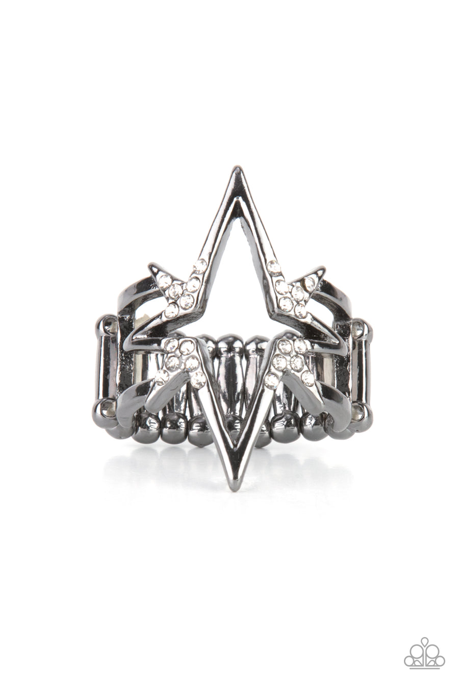 Extra Electrifying - Black Gunmetal Ring - Paparazzi Accessories - Dotted in sections of dainty white rhinestones, an electrified gunmetal frame adorns the center of two airy gunmetal bands for a shockingly stylish look.