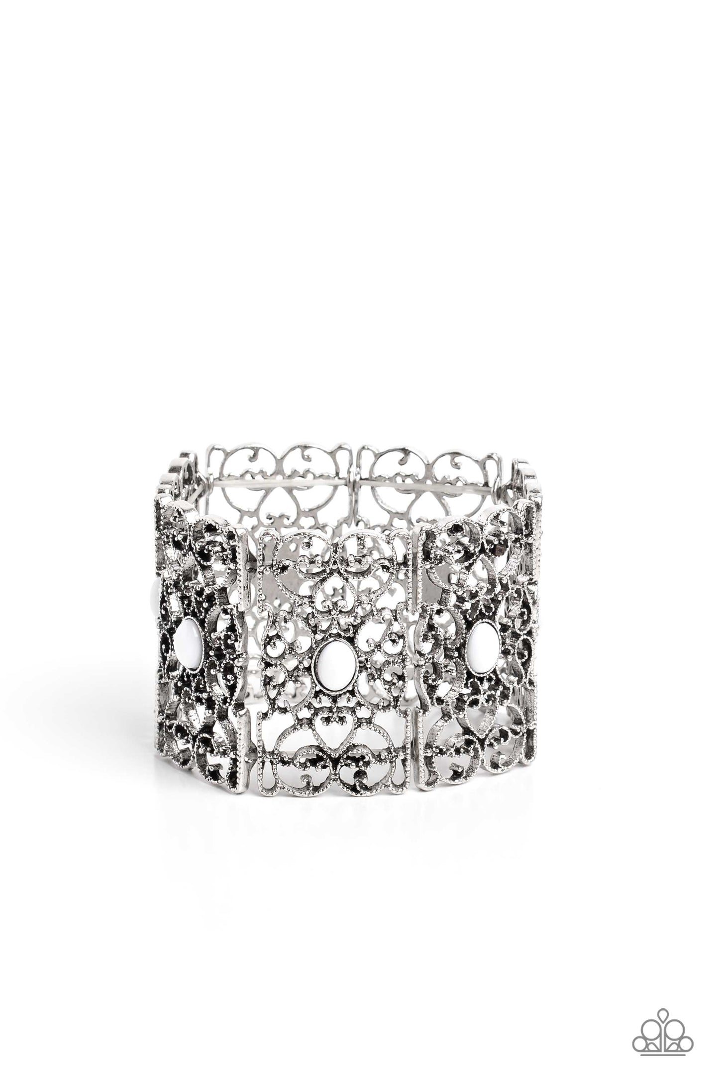 Fairest Filigree - White and Silver Bracelet - Paparazzi Accessories - Shiny white beads, set in vertical, rectangular frames of swirling silver filigree are infused along stretchy bands for a whimsically wild fashion around the wrist.