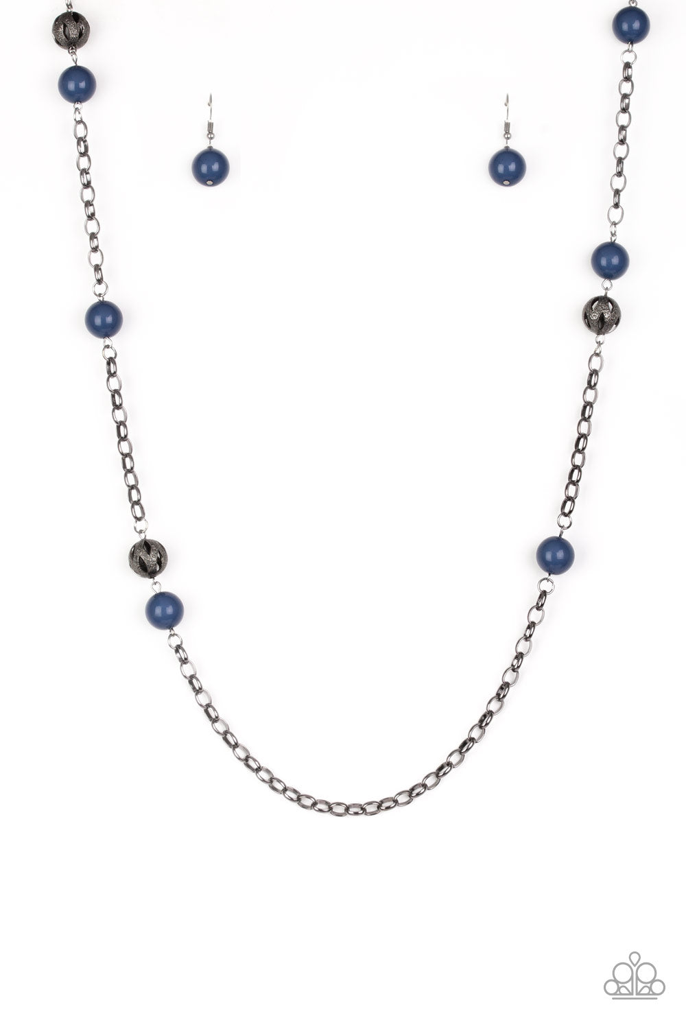 Fashion Fad - Blue Necklace - Paparazzi Accessories - Shiny blue beads and ornate gunmetal beads trickle along a bold gunmetal chain, creating a colorfully industrial look across the chest.