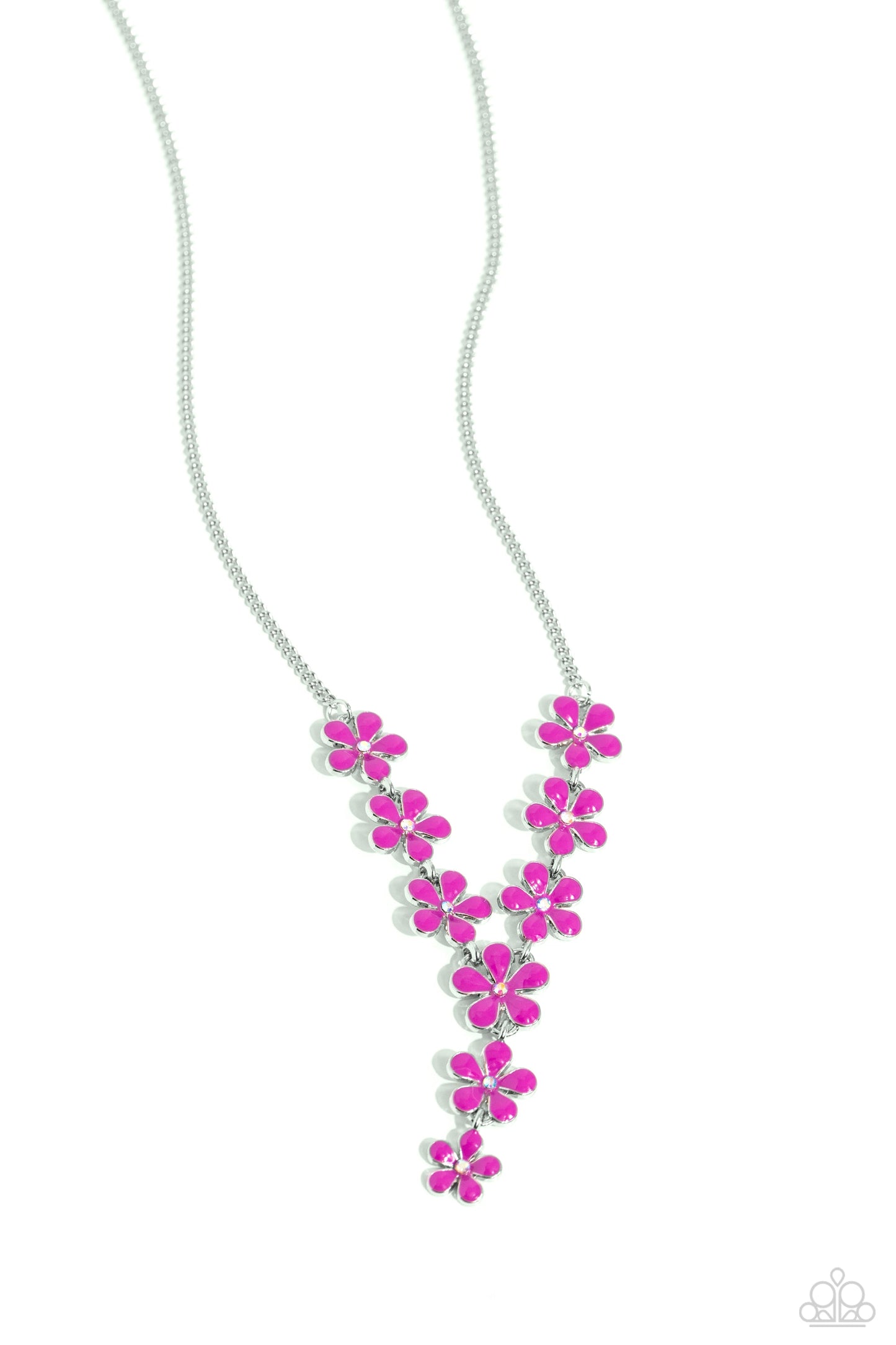 Flowering Feature - Pink and Silver Necklace - Paparazzi Accessories - Dotted with iridescent rhinestone centers, whimsical Rose Violet paint flowers delicately link into an extended pendant below the collar for an ethereal fashion.