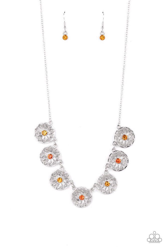 Garden Greetings - Orange and Silver Necklace - Paparazzi Accessories - Dotted with dark and light orange rhinestone centers, decorative silver flowers bloom from circular silver frames as they link below the collar for a flirtatious floral fashion. Features an adjustable clasp closure. Sold as one individual necklace.