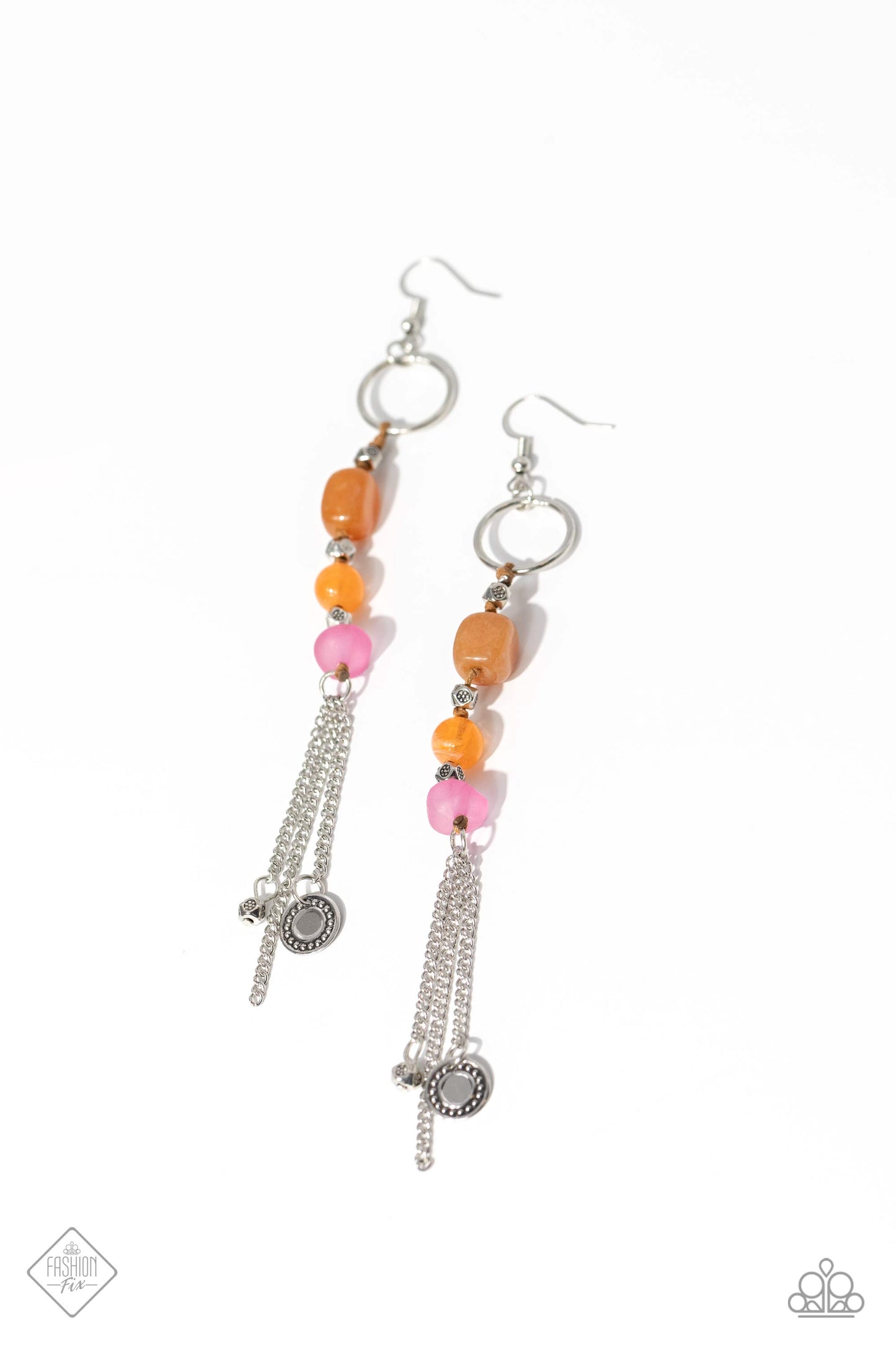 Gardening Gesture - Orange and Silver Earrings - Alternating between an abstract orange stone, glassy orange bead, and pink matte bead, geometric, floral-studded silver beads are threaded onto a brown string that is knotted at the bottom of a shimmery silver hoop. Another faceted floral-studded bead and stud-accented silver disc delicately stream from a trio of silver chains in varying lengths at the bottom of the design, creating an eye-catching, earthy fringe.