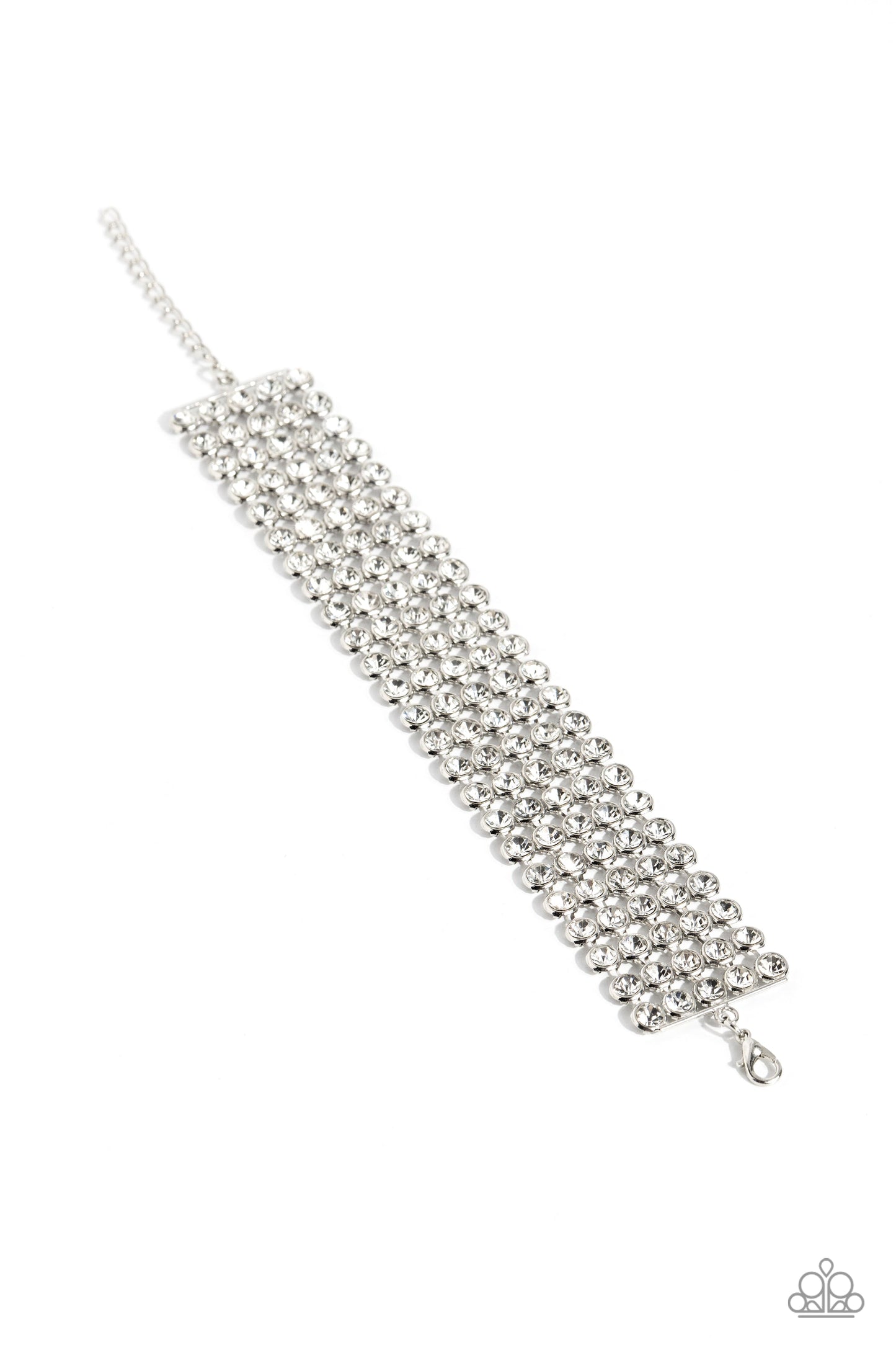 GLASSY Gallery - White and Silver Bracelet - Paparazzi Accessories - Suspended from sleek, dainty silver bars, five linked rows of glassy white rhinestones stack into a blinding display around the wrist for a jaw-dropping look.