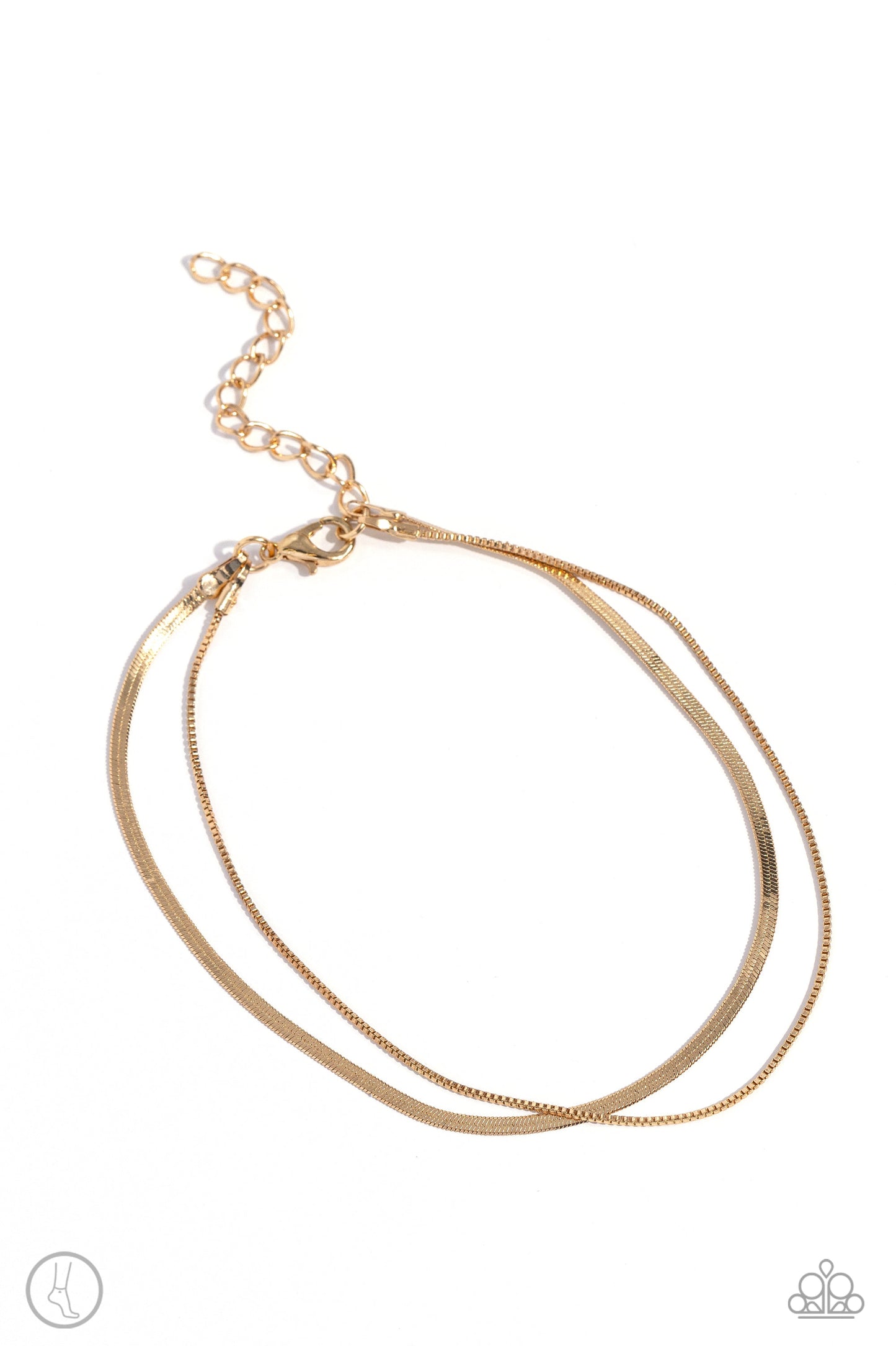Glistening Gauge - Gold Chain Anklet - Paparazzi Accessories - A strand of flat gold snake chain collides with a dainty square box chain to create an abstract monochromatic display. Features an adjustable clasp closure. Sold as one individual anklet.