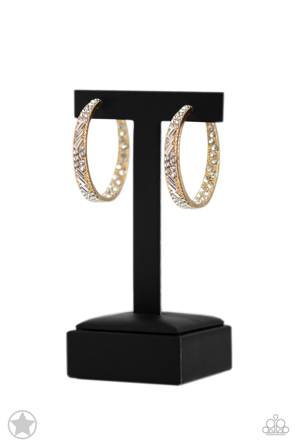 GLITZY By Association - Gold Hoop Earrings - Paparazzi Accessories - The front-facing surface of a chunky gold hoop is dipped in brilliantly sparkling white rhinestones while light-catching texture wraps around the back. The interior of the hoop features the opposite pattern, creating the illusion of a full hoop of blinding rhinestones.