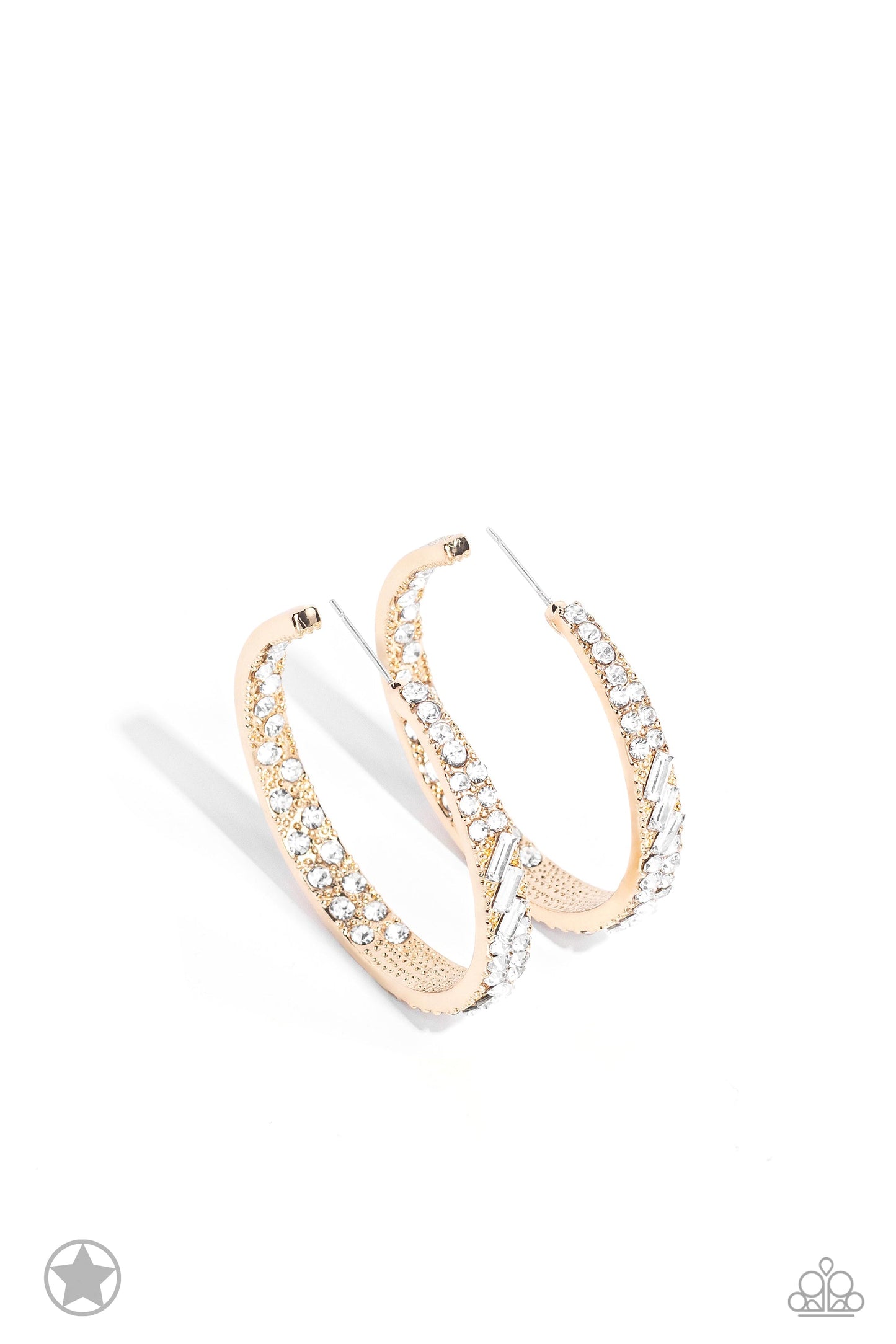 GLITZY By Association - Gold Hoop Earrings - Paparazzi Accessories - The front-facing surface of a chunky gold hoop is dipped in brilliantly sparkling white rhinestones while light-catching texture wraps around the back. The interior of the hoop features the opposite pattern, creating the illusion of a full hoop of blinding rhinestones.