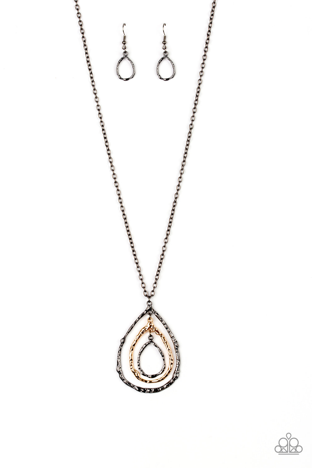 Going for Grit - Black and Gold Necklace - Paparazzi Accessories - Brushed in an antiqued shimmer, delicately hammered copper, gold, and gunmetal teardrop silhouettes swing from the bottom of a lengthened gunmetal chain for a rustic look.
