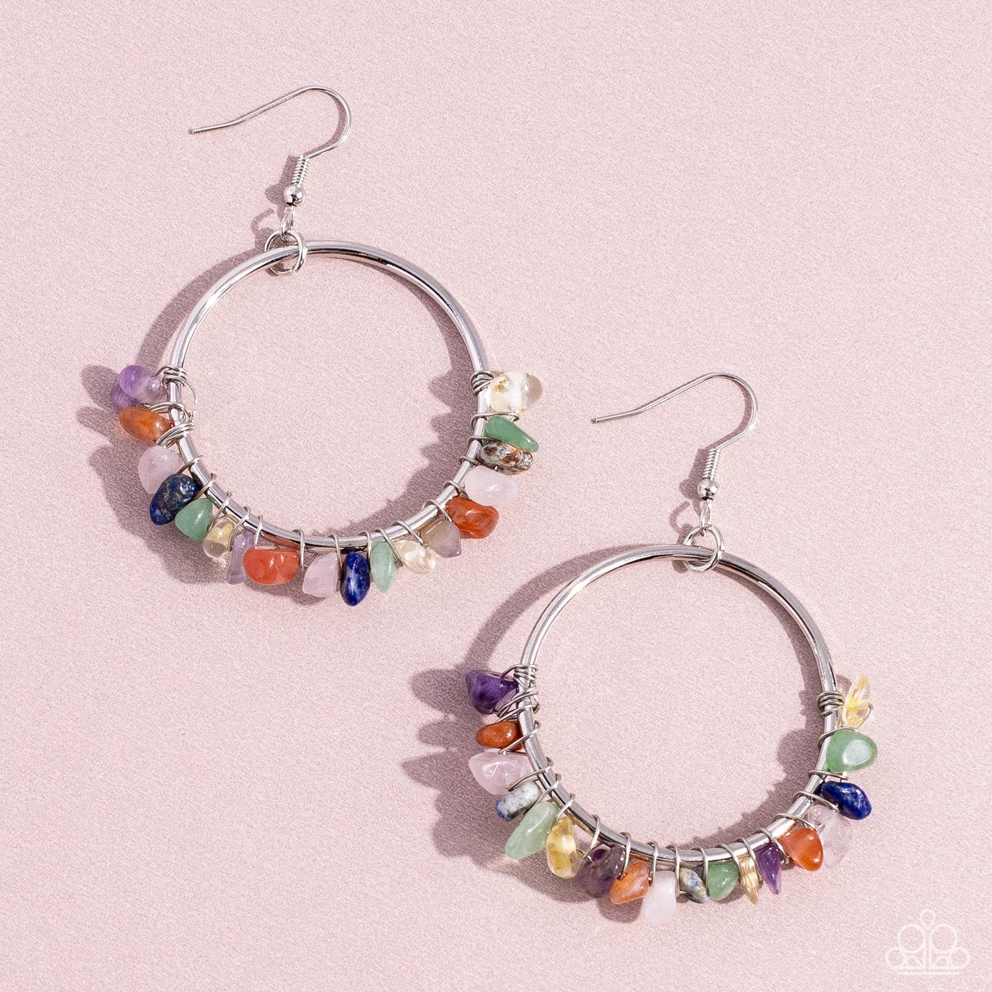 Handcrafted Habitat - Multi Color Earrings - Paparazzi Accessories - A colorful collection of chiseled jade, amethyst, lapis, turquoise, rose quartz, and other multicolored stones are wrapped along the bottom of a shiny, silver hoop by shimmery silver wire for a handcrafted, earthy finish.