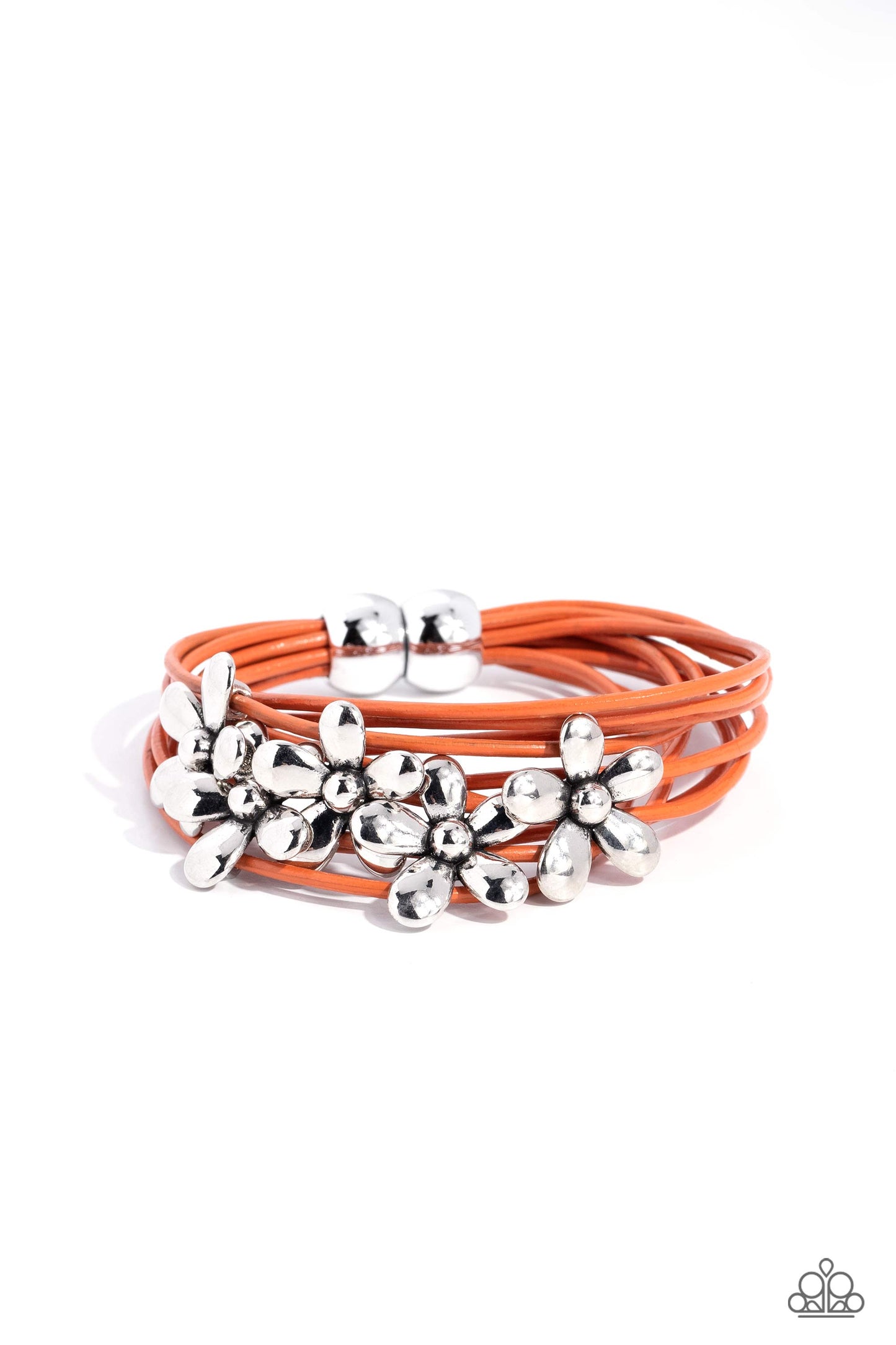 Here Comes the BLOOM - Orange Bracelet - Paparazzi Accessories - Shiny silver flowers glide along leathery burnt orange cords, clustering into a shimmery floral statement piece at the center of the wrist.