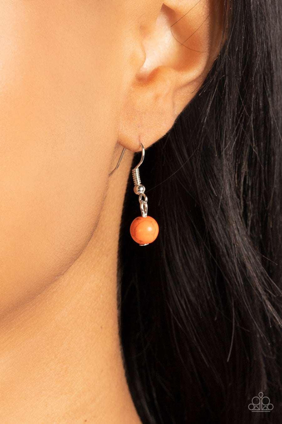 Hidden Dune - Orange Necklace - Paparazzi Accessories - A mismatched collection of textured and smooth silver links gives way to an oversized orange stone hoop at the bottom of an extended silver chain, resulting in an earthy centerpiece.