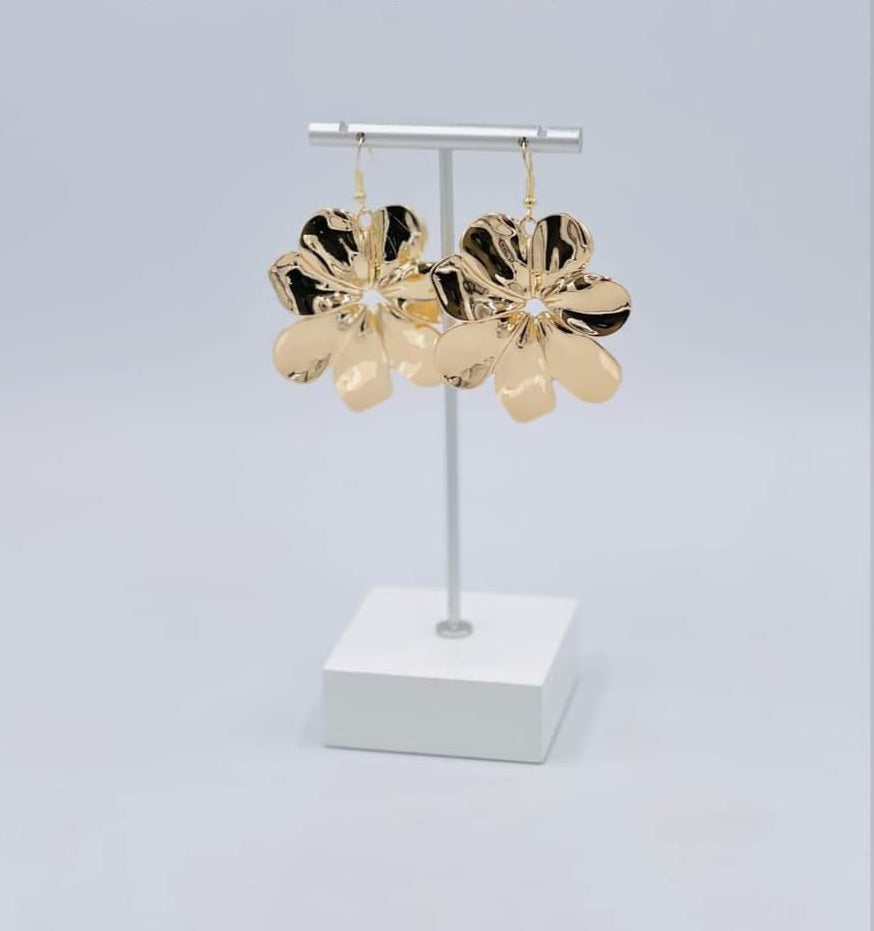 Hinging Hallmark - Gold Earrings - Paparazzi Accessories - Flared, imperfect gold petals layer into a stunning flower, hinging at the center for a whimsical flair. Earring attaches to a standard fishhook fitting. Sold as one pair of earrings.