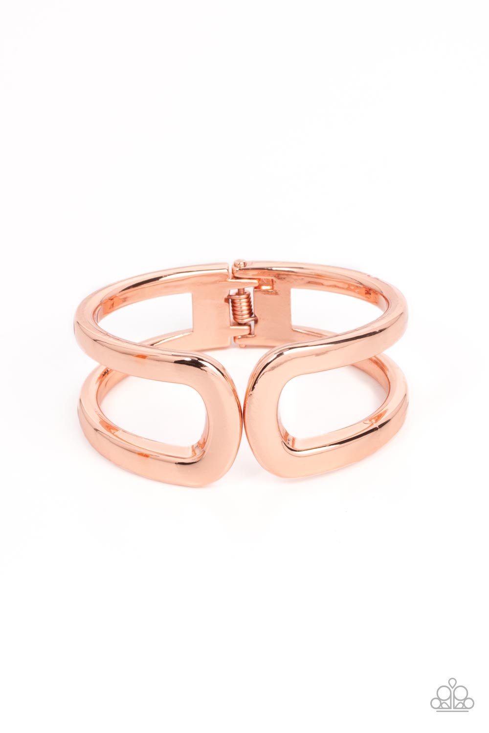 Industrial Empress - Copper Hinged Bracelet - Paparazzi Accessories - Two oversized shiny copper frames gently curl around the wrist, delicately linking into an impressive cuff-like bangle. Features a hinged closure. Sold as one individual bracelet.
