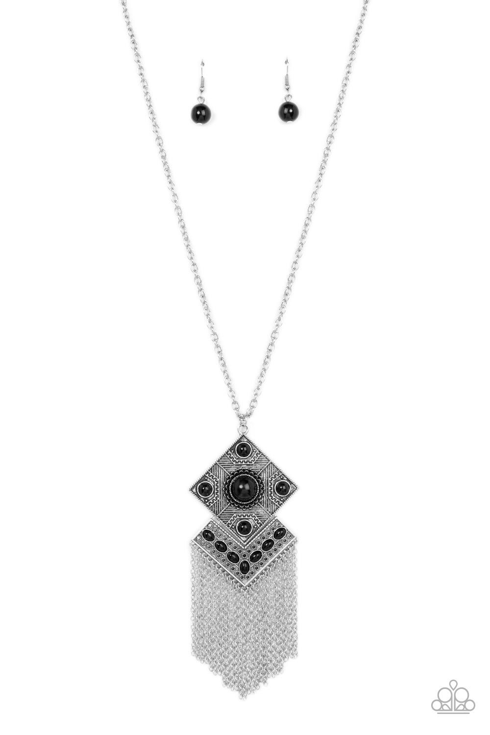 Kite Flight - Black and Silver Necklace - Paparazzi Accessories - A curtain of silver chains stream out from the bottom of stacked silver frames embellished in bubbly black beads and antiqued silver textures, resulting in a whimsical kite shaped pendant at the bottom of an extended silver chain.