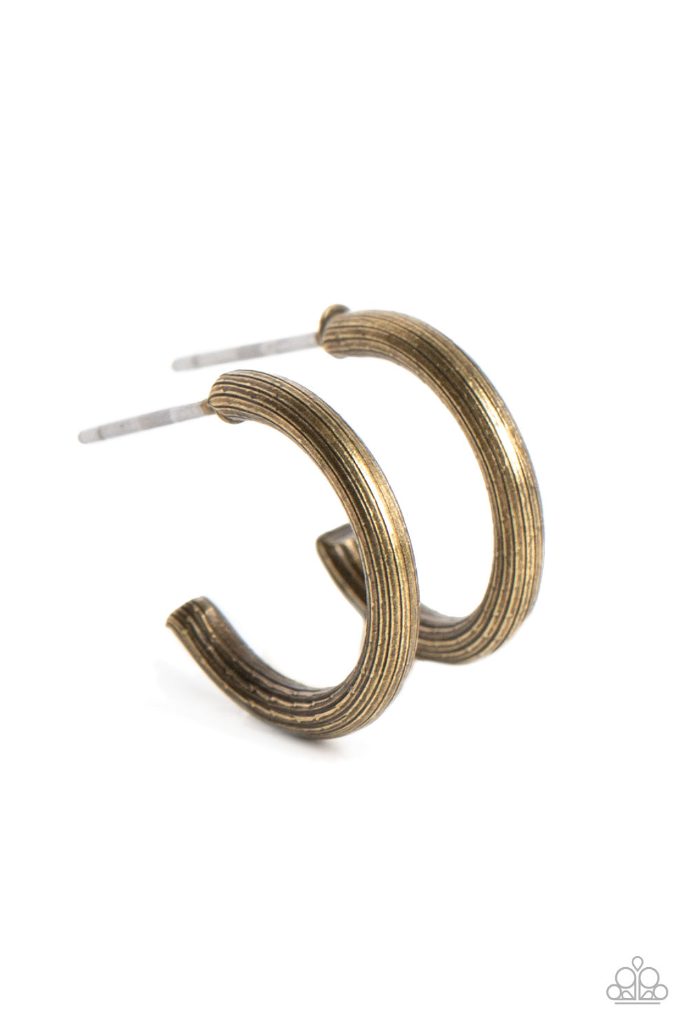 Linear Lady - Brass Hoop Earrings - Paparazzi Accessories - A dainty band of brass, etched with a subtle linear pattern, curls around the ear to create a small, classic hoop. Earring attaches to a standard post fitting. Hoop measures approximately 1/2" in diameter. Sold as one pair of hoop earrings.
