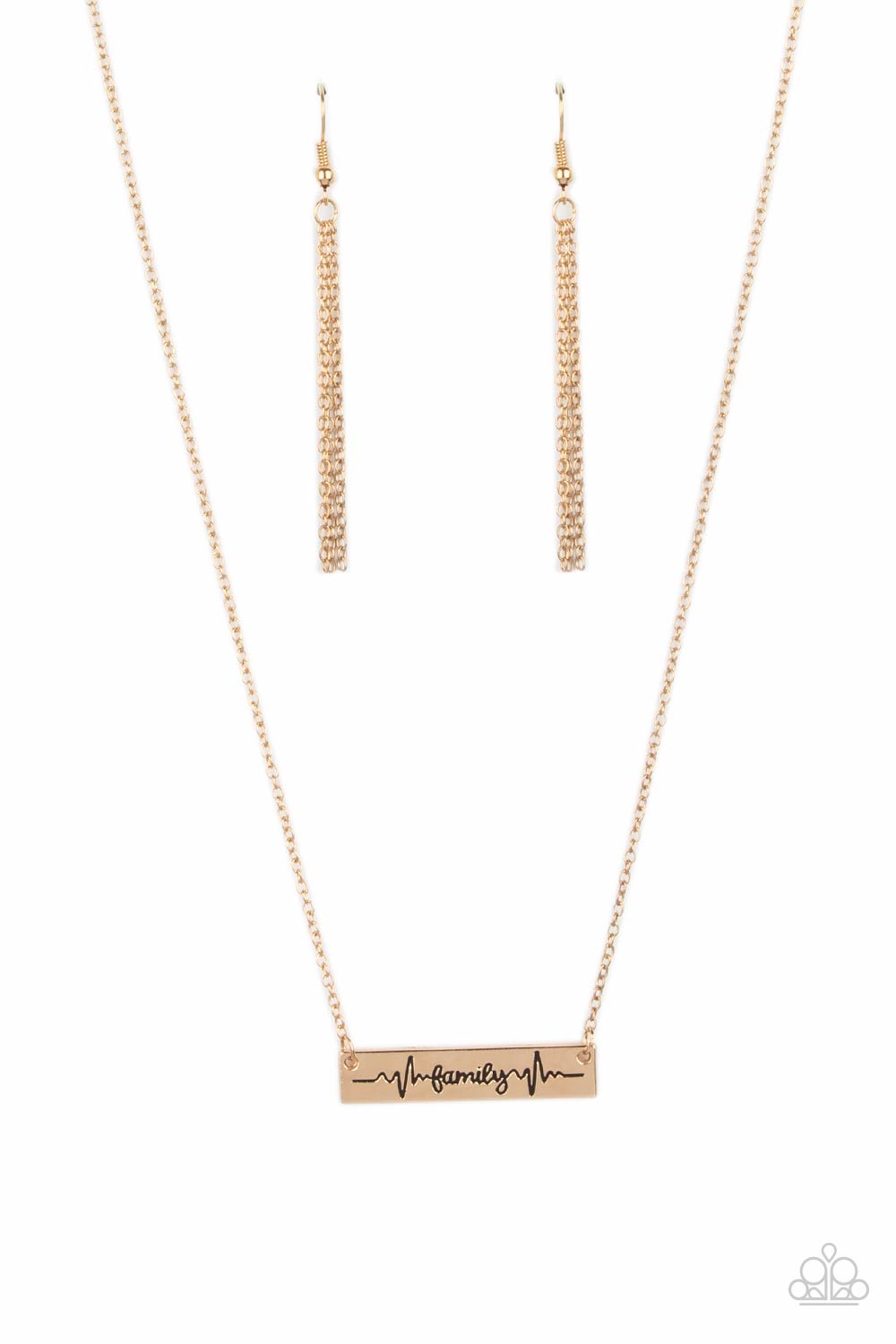 Living The Mom Life - Gold Necklace - Paparazzi Accessories - The word "Family," is inscribed between symbolic life lines on a shining rectangular gold plate creating an affectionate keepsake on a dainty gold chain below the collar.