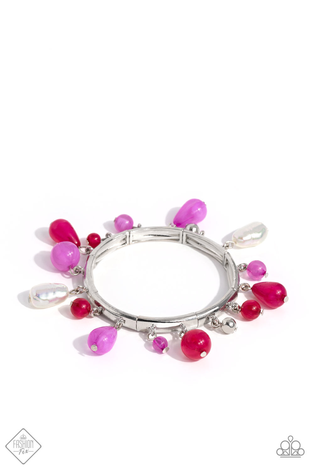 Lush Landscaping - Pink and Silver Bracelet - Paparazzi Accessories - Cloudy Radiant Orchid and Viva Magenta beads, silver beads, and iridescent-dipped baroque pearls elegantly drip along silver frames stretched together on elastic stretchy bands around the wrist, creating a whimsically-clustered display.