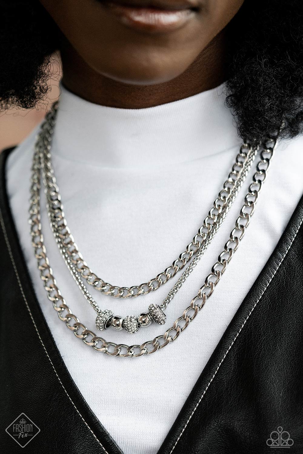 Magnificent Musings - Silver Jewelry Set - Paparazzi Accessories - Two classic silver curb chains in varying sizes and a twisted silver chain layer below the collar. Round and cylindrical shimmery silver beads, infused with sparkling rhinestones and stars that scatter light in every direction, slide along the classic silver chain, creating a bold layering statement.