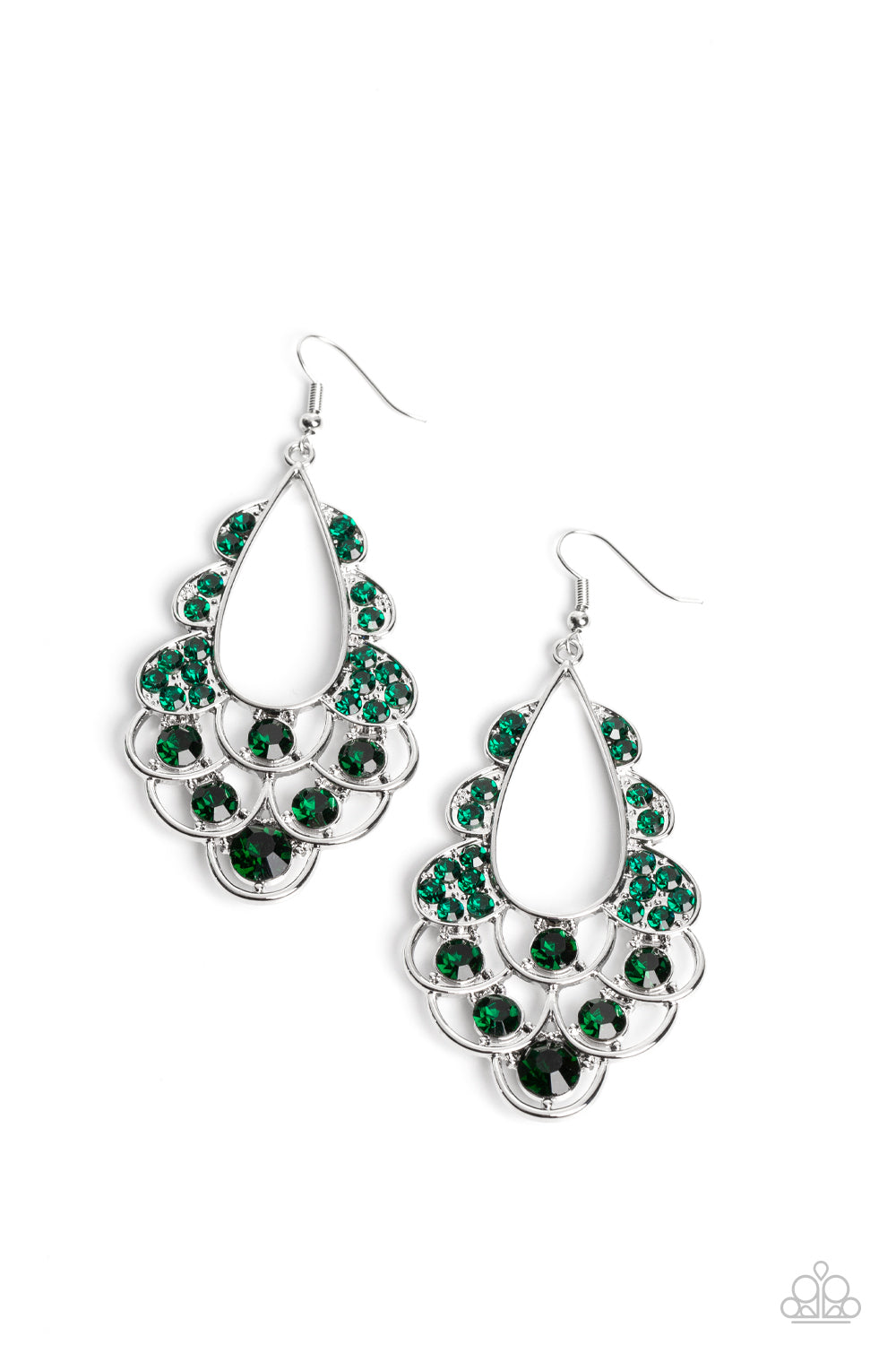 Majestic Masquerade - Green and Silver Earrings - Paparazzi Accessories - Airy loops of high-sheen silver, dotted with glittery emerald faceted gems, ripple out from an airy teardrop shape. Some curls feature solitaire oversized gems, while others feature a dainty collection resulting in a timeless, incandescent teardrop chandelier below the ear.