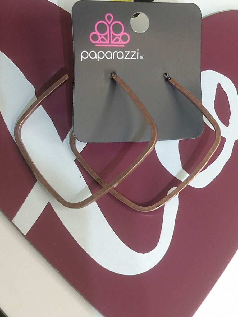 Major Flex - Copper Hoop Earrings - Paparazzi Accessories - Featuring a high-sheen finish, a dainty copper bar gently bends into a tilted cube-shaped hoop for an edgy allure. Earring attaches to a standard post fitting. Hoop measures approximately 2 1/4" in diameter. Sold as one pair of hoop earrings.