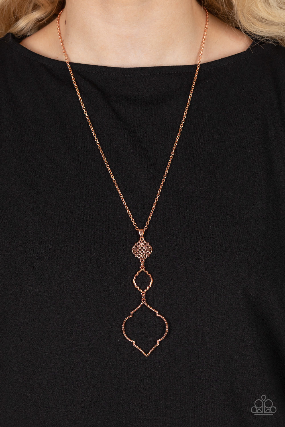 Marrakesh Mystery - Copper Necklace - Paparazzi Accessories - Featuring mandala-like patterns, a floral lattice frame gives way to mismatched scalloped shiny copper frames, creating a magnificently stacked pendant at the bottom of an extended shiny copper chain.