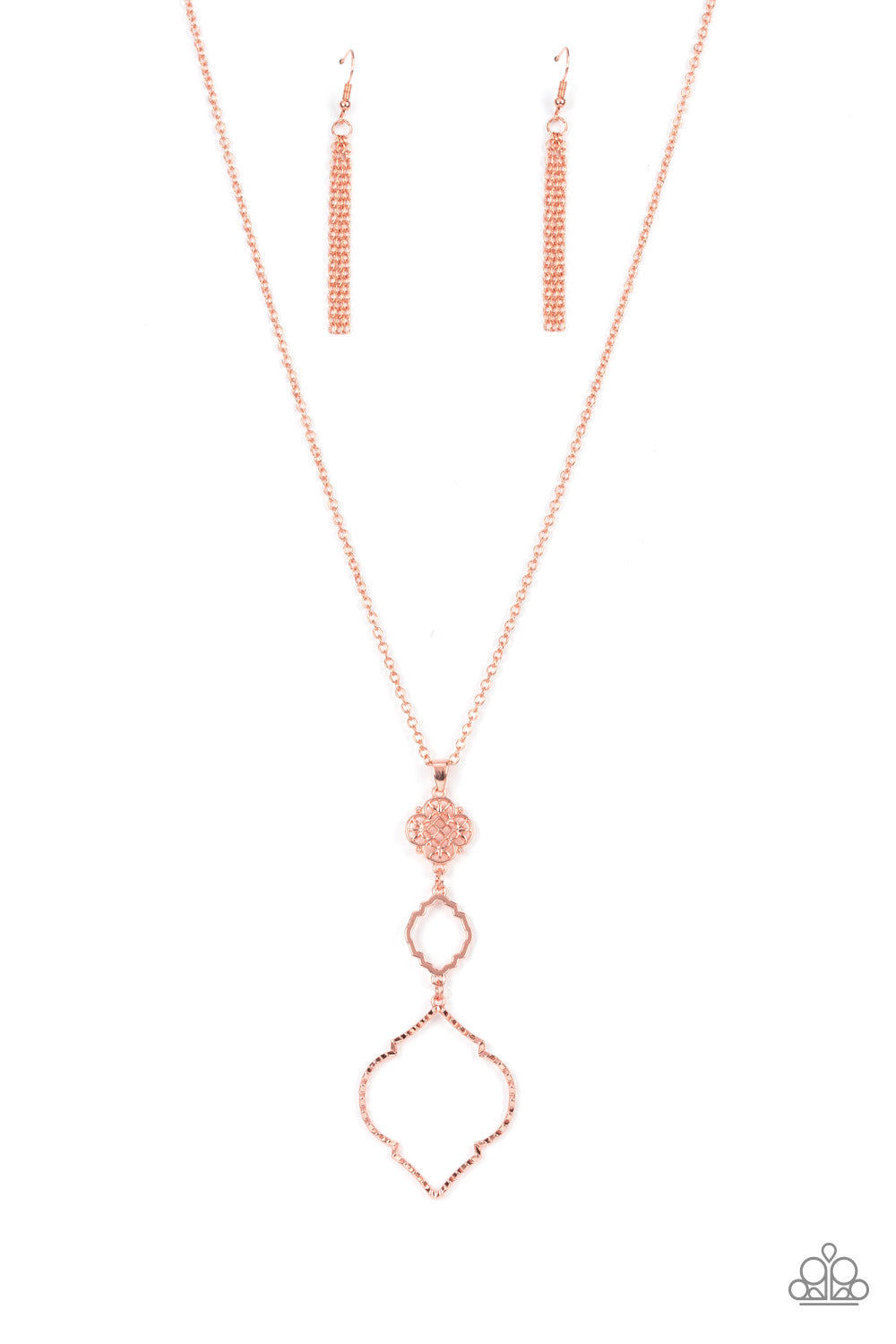 Marrakesh Mystery - Copper Necklace - Paparazzi Accessories - Featuring mandala-like patterns, a floral lattice frame gives way to mismatched scalloped shiny copper frames, creating a magnificently stacked pendant at the bottom of an extended shiny copper chain.