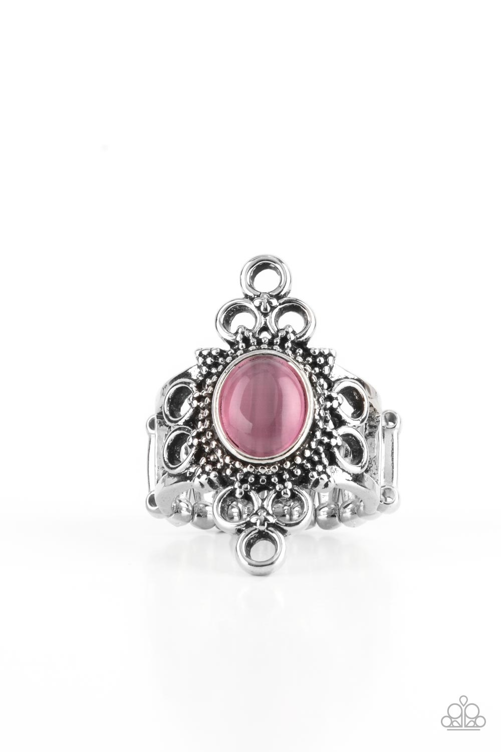 Mystical Mystique - Pink and Silver Ring - Paparazzi Accessories - Infused with dainty clusters of silver circles, silver studded accents flare out from a dewy pink cat's eye stone centerpiece atop two silver bands for an ethereal look. Features a stretchy band for a flexible fit. Sold as one individual ring.