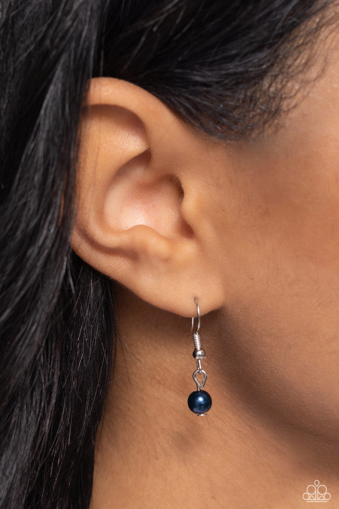 Pampered Pearls - Blue Necklace - Paparazzi Accessories - A single strand of navy pearls elegantly cascades below the collar to meet a refined collection of navy pearls in varying sizes and white gems pressed in round and teardrop frames for a sparkly finish.