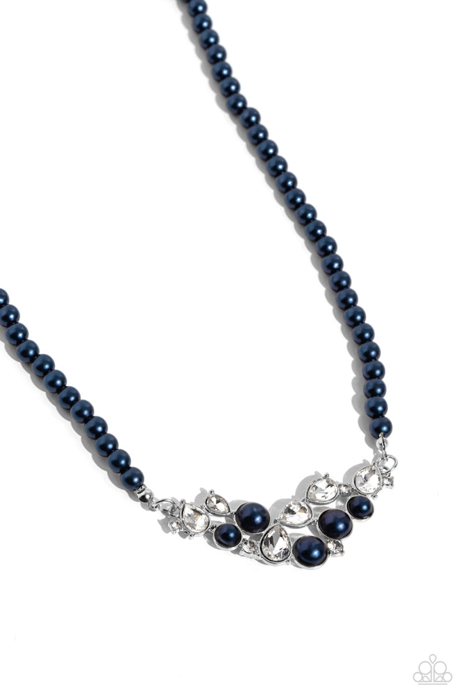 Pampered Pearls - Blue Necklace - Paparazzi Accessories - A single strand of navy pearls elegantly cascades below the collar to meet a refined collection of navy pearls in varying sizes and white gems pressed in round and teardrop frames for a sparkly finish.
