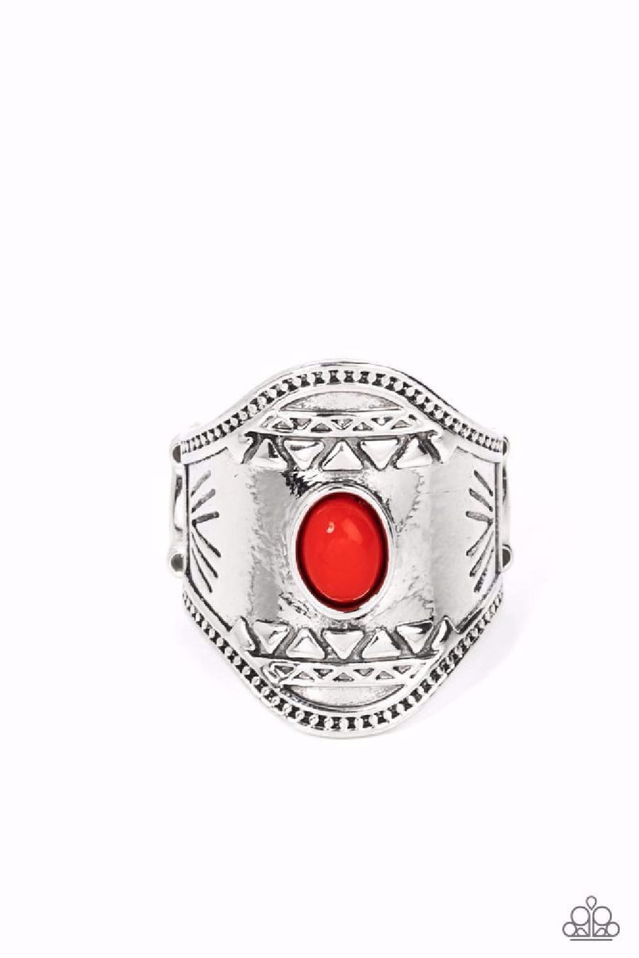 Panoramic Pyramids - Red Ring - Paparazzi Accessories - Dotted with a red oval bead center, a thick silver frame is bordered in studded accents and embossed in rows of pyramidal patterns for an artisan pop of color atop the finger.