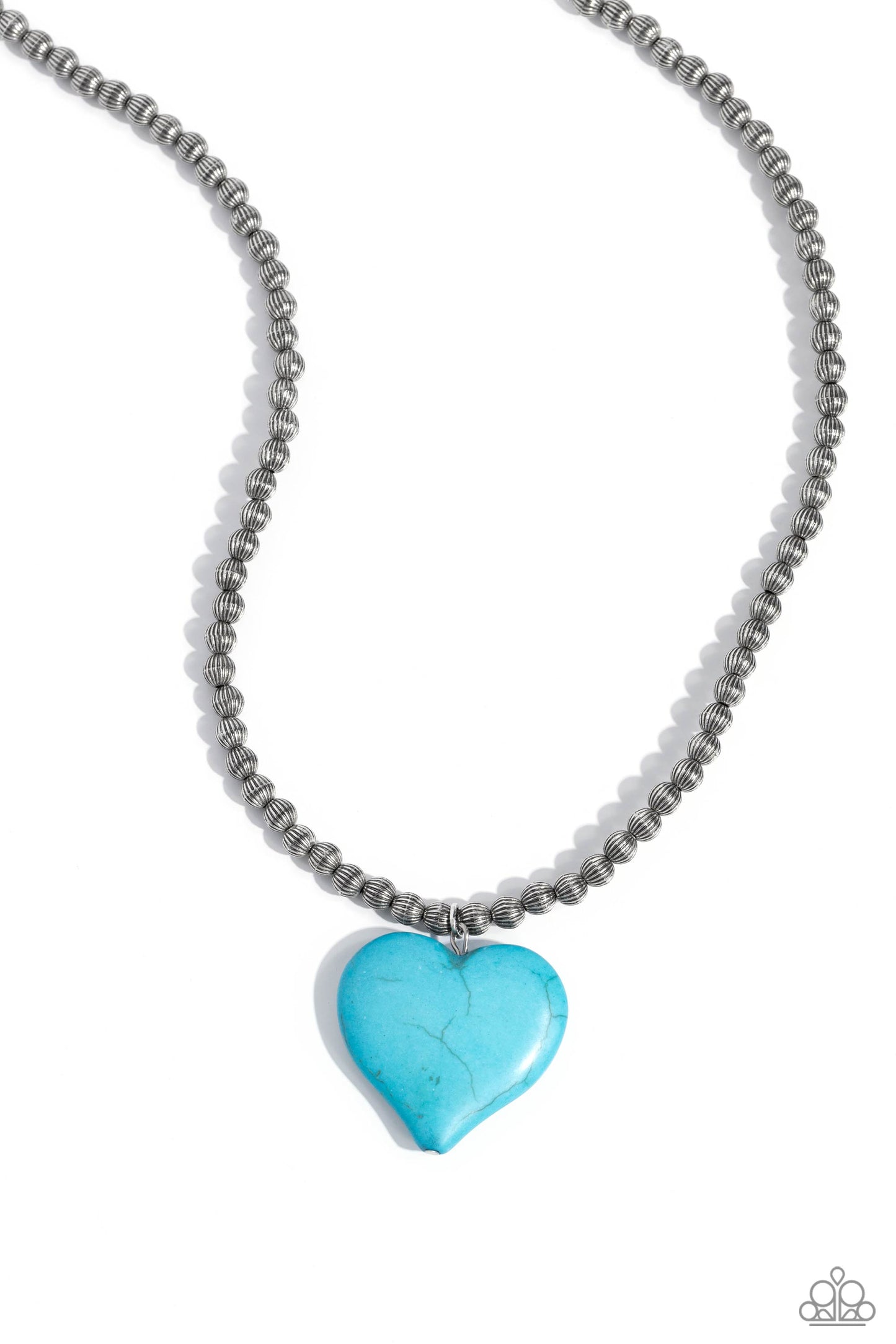 Picturesque Pairing - Blue Turquoise and Silver Heart Necklace - Paparazzi Accessories - An oversized turquoise stone heart pendant swings from the bottom of a textured silver beaded display below the collar for a flirtatiously earthy fashion.