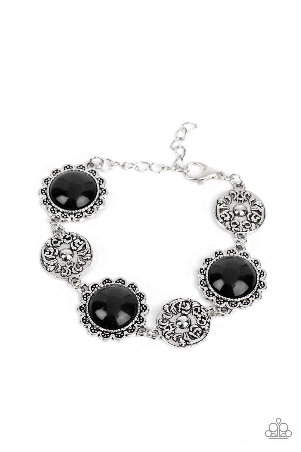 Positively Poppy - Black Bracelet - Paparazzi Accessories - Shiny oversized black beads are wrapped in floral-inspired frames of silver, filled with studded texture. Silver discs embossed in a filigree motif alternate with the vibrant beads as they link around the wrist in a whimsical finish.