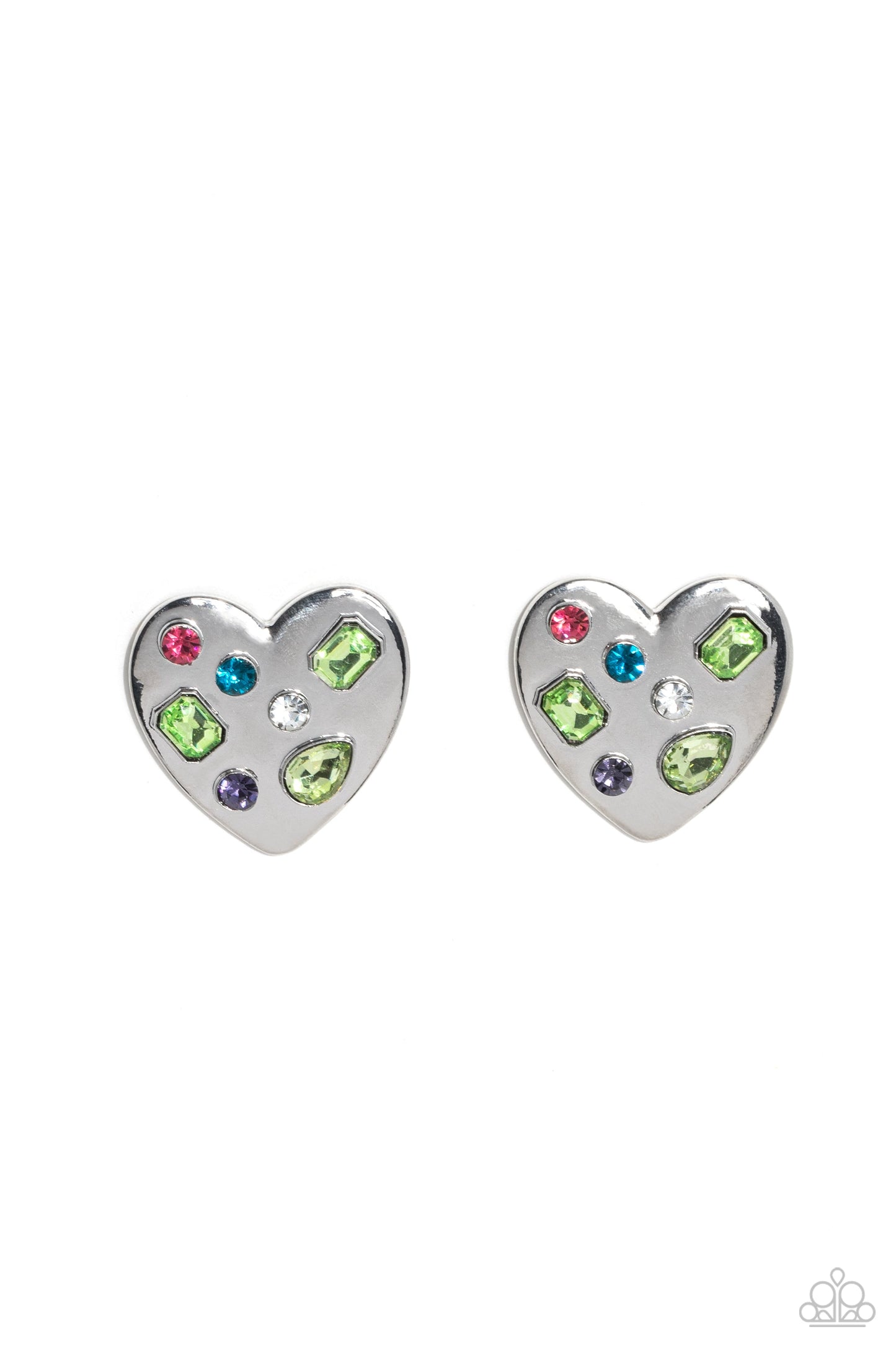 Relationship Ready - Green Multi Color Earrings - Paparazzi Accessories - Brushed with shimmery pink, white, purple, blue, and green round, teardrop and emerald-cut gems, an oversized, high-sheen silver heart frame rests against the ear for a dazzling finish.