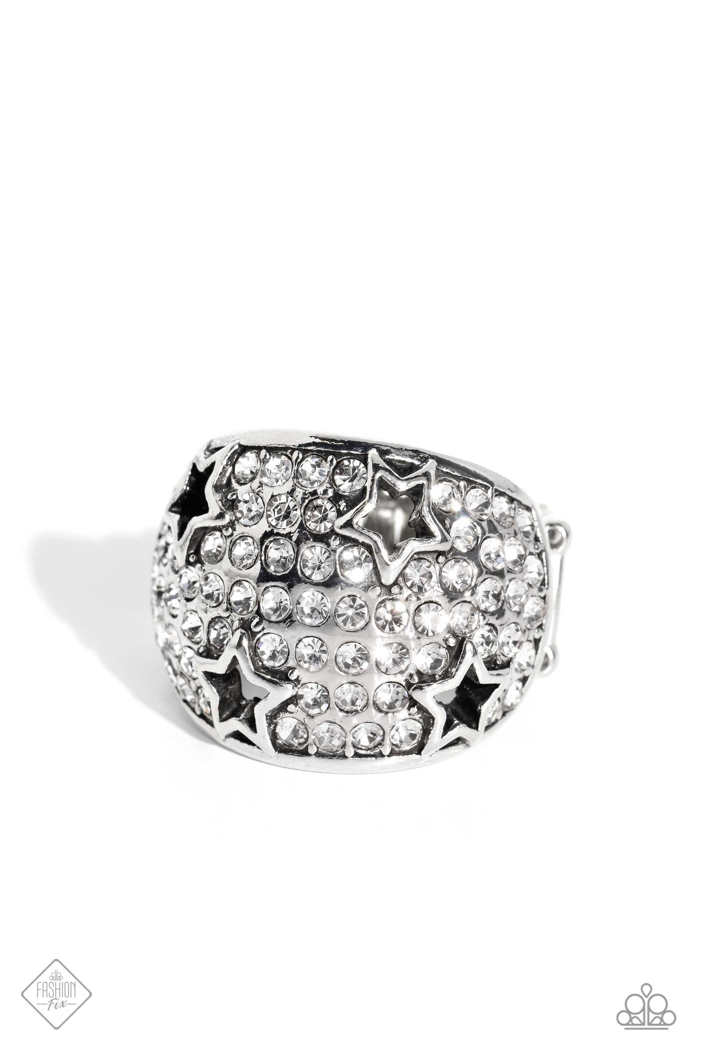 Reliable Radiance - Fashion Ring - Paparazzi Accessories - Row after row of incandescent white rhinestones stack into a dazzling display across a beveled silver band. Silver star silhouettes haphazardly dot across the dazzling surface, creating a commanding statement piece.
