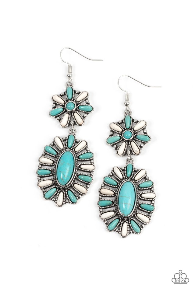 Richly Rustler - Turquoise Multi Earrings - Paparazzi Accessories - Dainty white and turquoise stones are pressed into studded silver fittings, coalescing into two frames that delicately link into an earthy floral lure. Earring attaches to a standard fishhook fitting.
