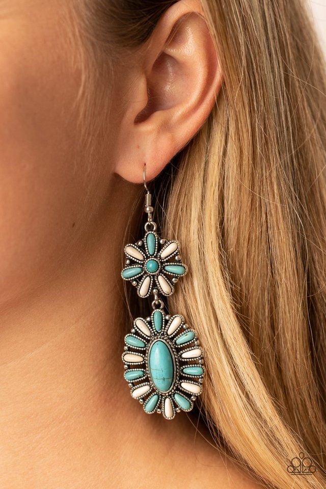 Richly Rustler - Turquoise Multi Earrings - Paparazzi Accessories - Dainty white and turquoise stones are pressed into studded silver fittings, coalescing into two frames that delicately link into an earthy floral lure. Earring attaches to a standard fishhook fitting.