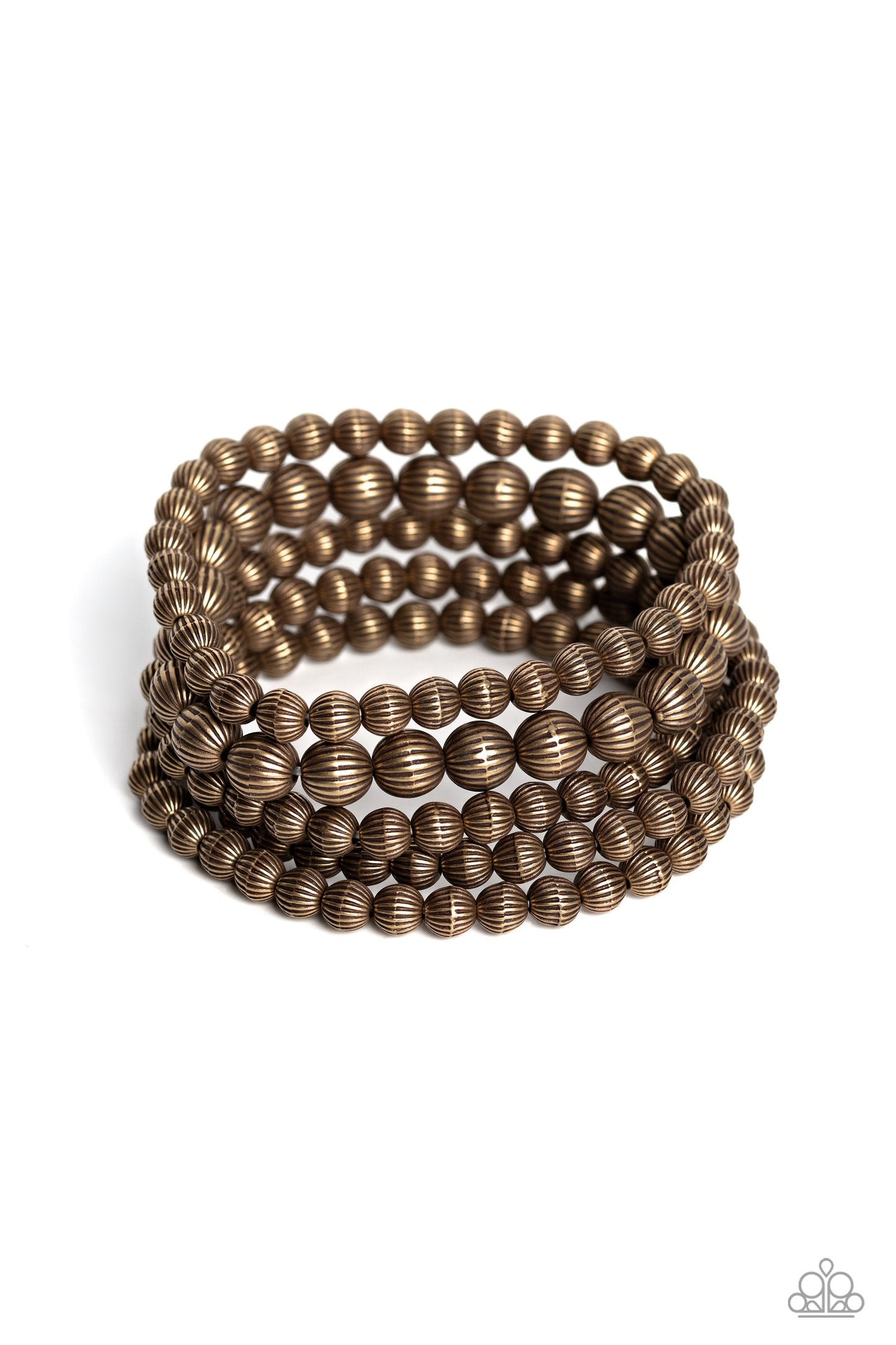 Sonoran Stripes - Brass Bracelets - Paparazzi Accessories - Gritty strands of brass beads etched in linear patterns wrap around the wrist on stretchy bands. One strand of the linear brass beads features bigger beads than the rest of the collection for an earthy contrast to the design. Sold as one set of five bracelets.