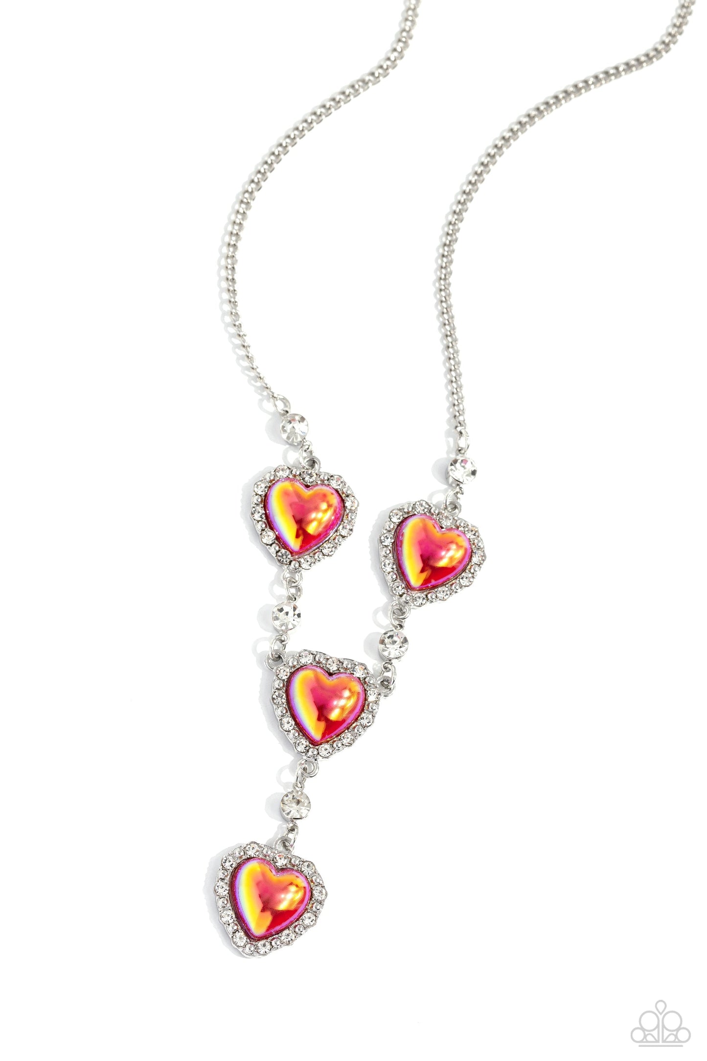 Stuck On You - Red Heart Necklace - Paparazzi Accessories - Pressed in a border of white rhinestones and silver studs, iridescent-brushed red hearts delicately link below the collar in a charming, extended fashion. Solitaire white gems alternate between each heart frame for additional shimmer.