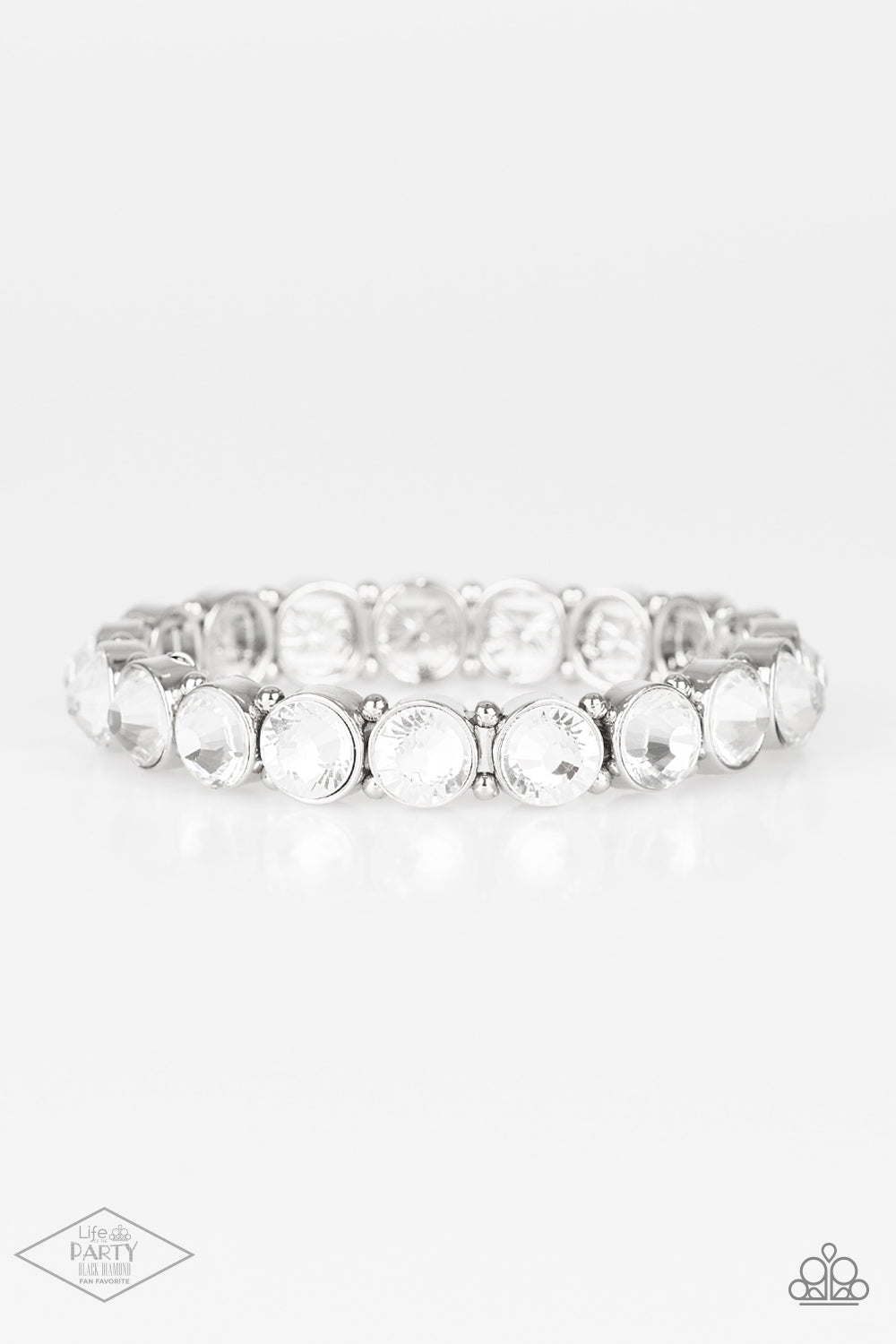 Sugar-Coated Sparkle - White Bracelet - Paparazzi Accessories - Infused with dainty silver beads, glassy white rhinestone encrusted frames are threaded along stretchy bands around the wrist for a glamorous look.